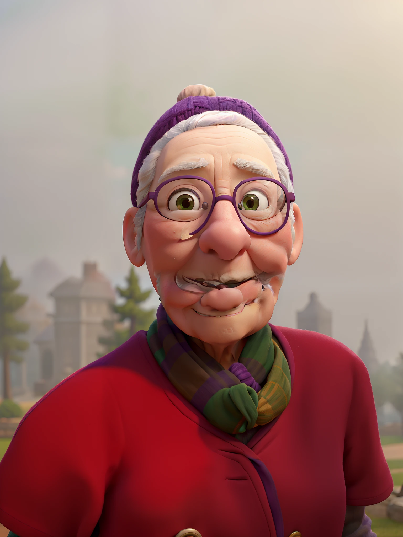masterpiece, best quality, an old woman with glasses and a scarf on, wearing a purple coat and green scarf, standing at the park