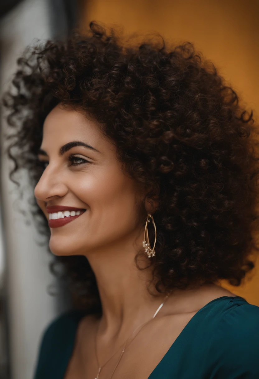 smiling woman with curly hair and black top in front of art, profile image, by Nándor Katona, alanis guillen, 3 5 year brazilian mother, faridah malik, inspired by Maria Helena Vieira da Silva, andrea rocha, fernanda suarez, taken in the early 2020s, inspired by Francis Souza