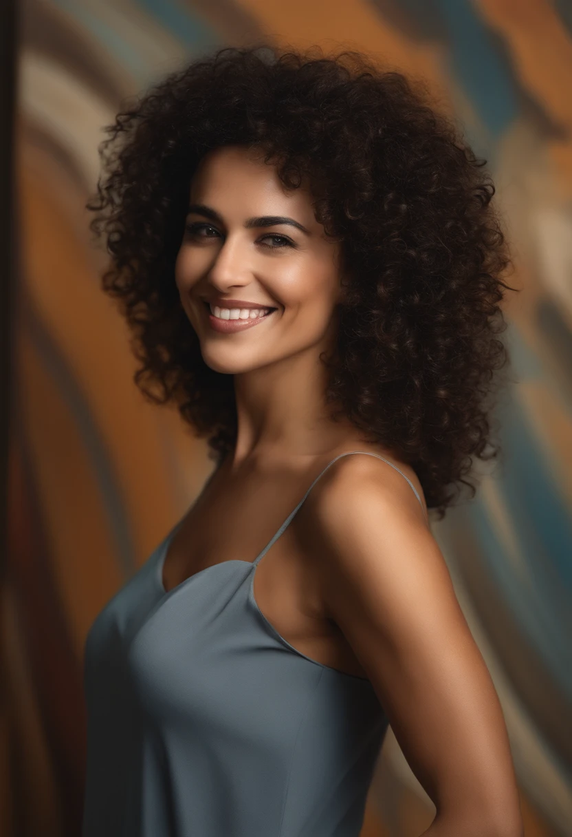 smiling woman with curly hair and black top in front of art, profile image, by Nándor Katona, alanis guillen, 3 5 year brazilian mother, faridah malik, inspired by Maria Helena Vieira da Silva, andrea rocha, fernanda suarez, taken in the early 2020s, inspired by Francis Souza