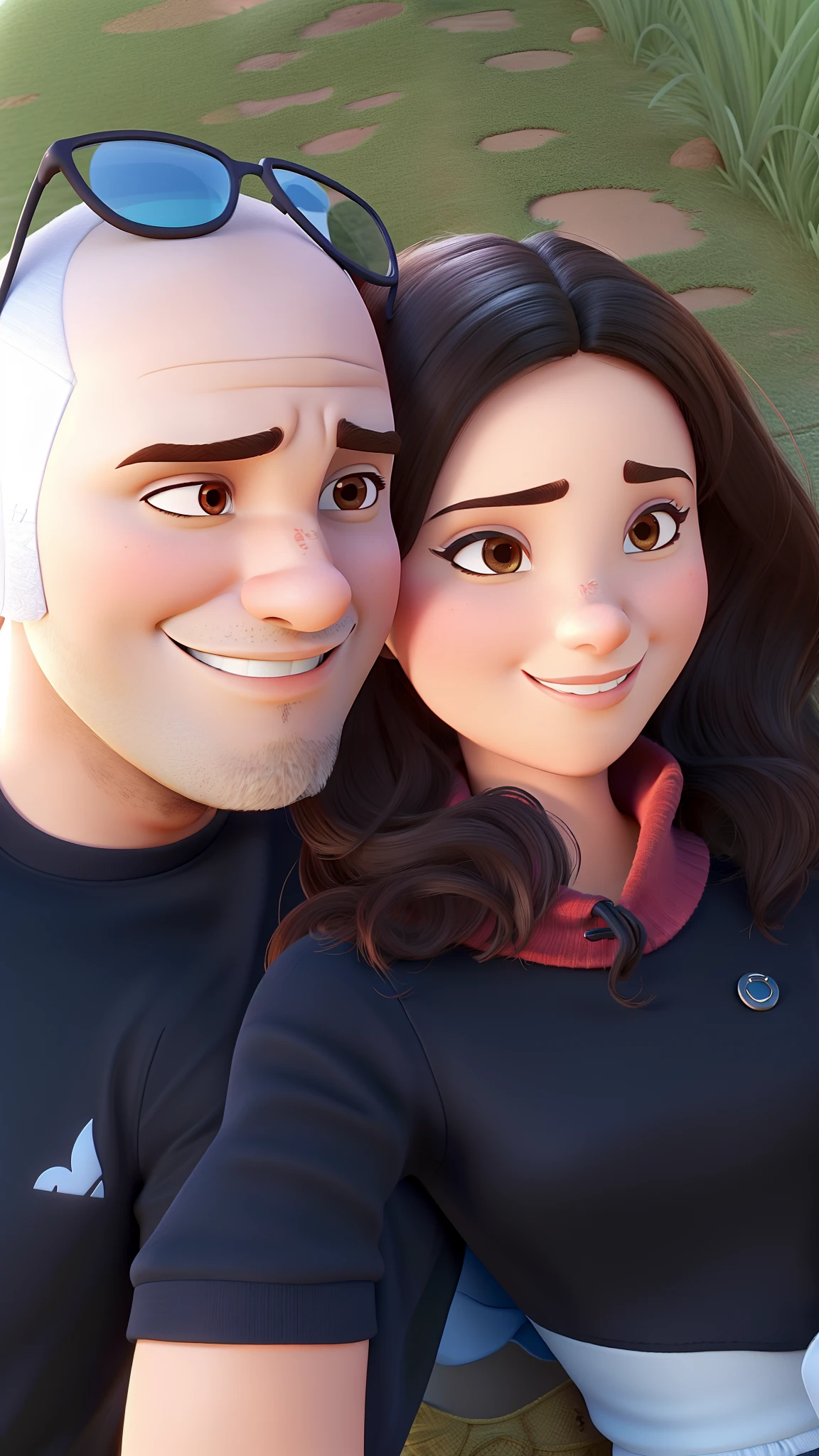 Casal homem careca e mulher morena estilo Disney Pixar, alta qualidade, melhor qualidade