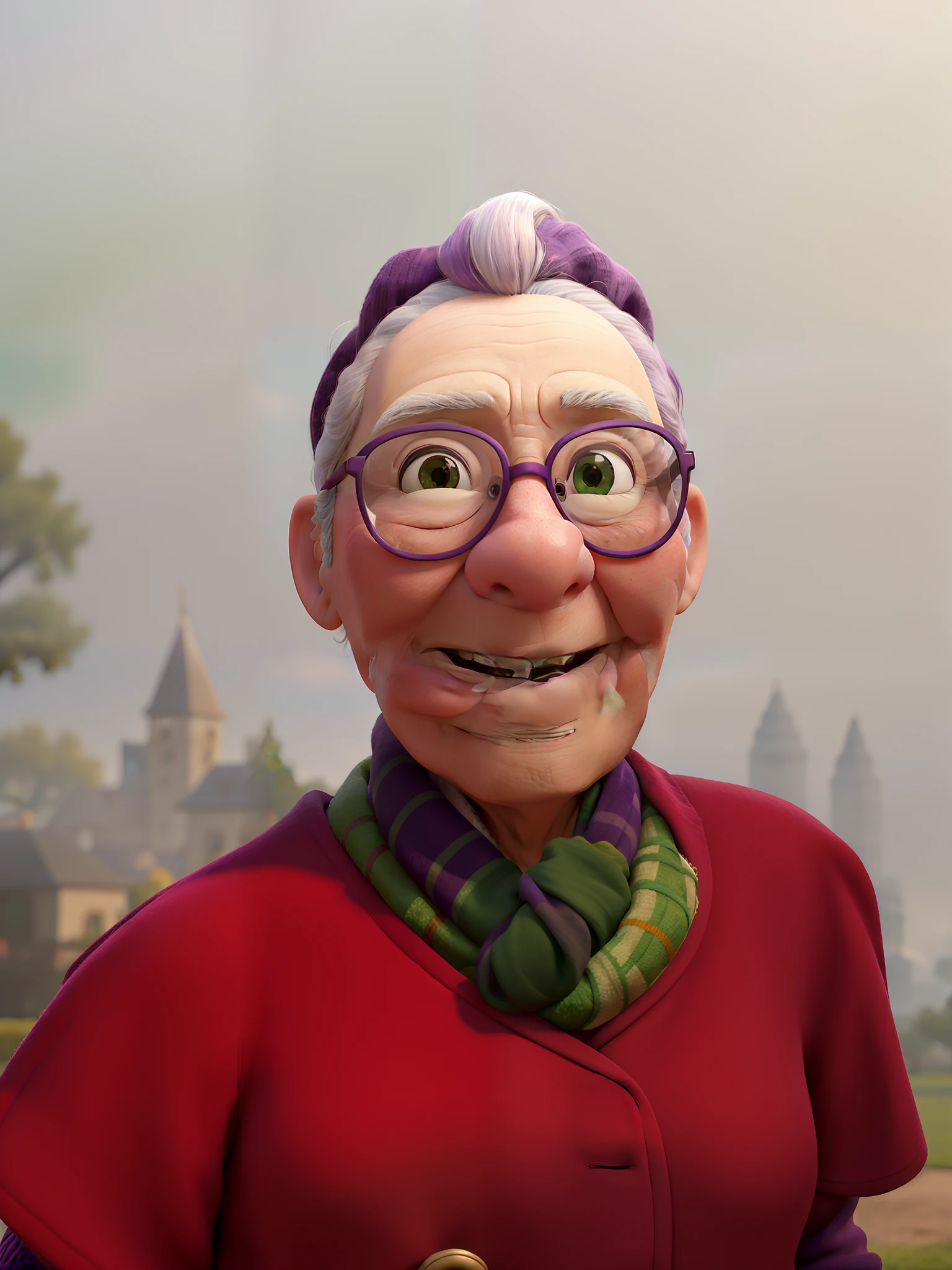 masterpiece, best quality, an old woman with glasses and a scarf on, wearing a purple coat and green scarf, standing at the park