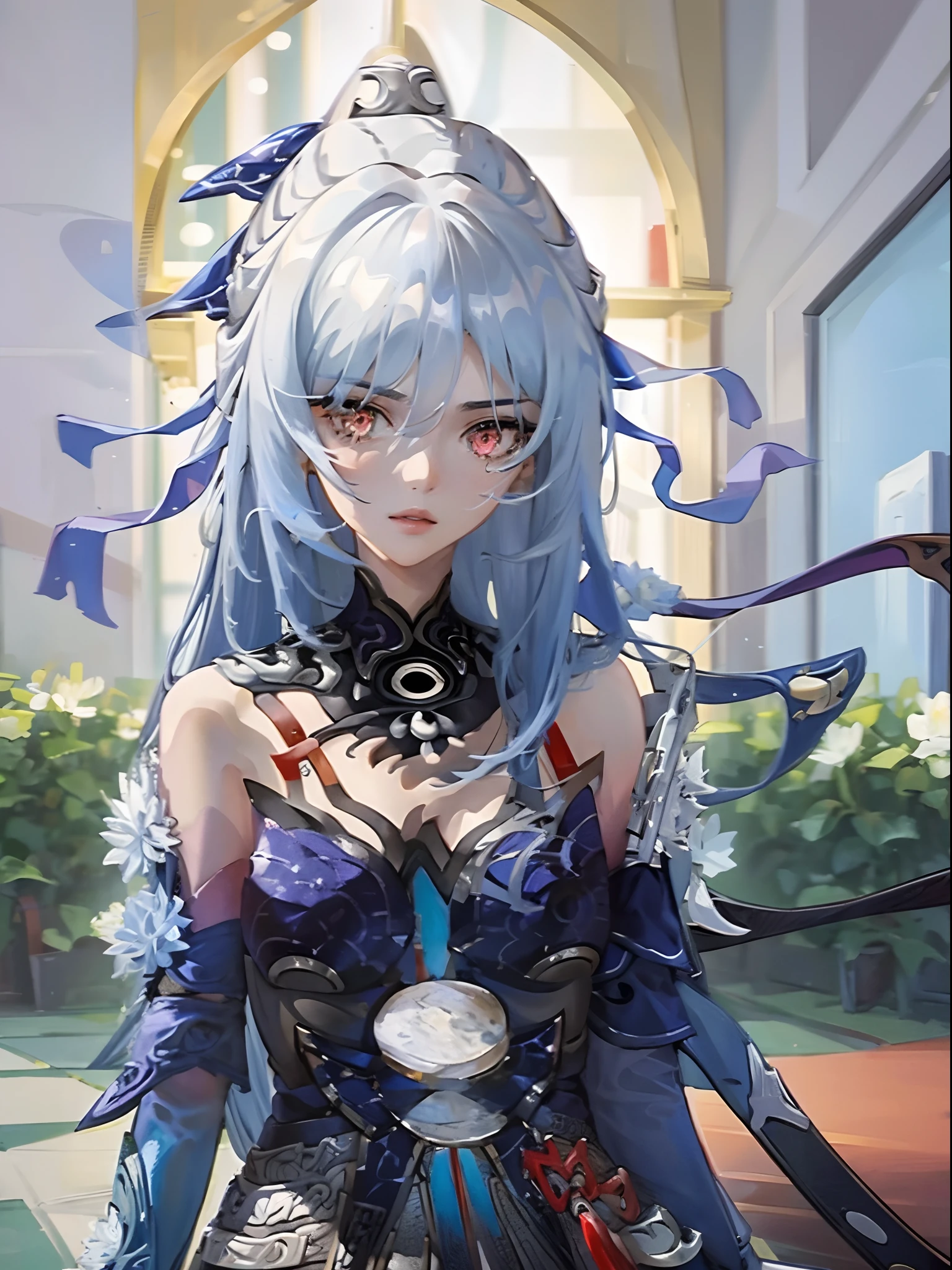 1girl, light blue hair, red eyes , purple , jingliu Honkai star rail , tried up hair , black dress