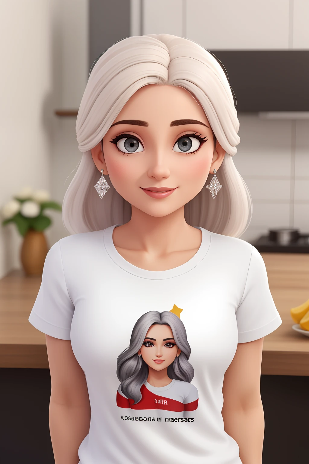 Mulher de 30 anos, com cabelos castanhos longos amarrado ,face de diamante, olhar rigoroso, e olhos castanhos, vestindo camiseta branca branca escrito minimalista na camiseta