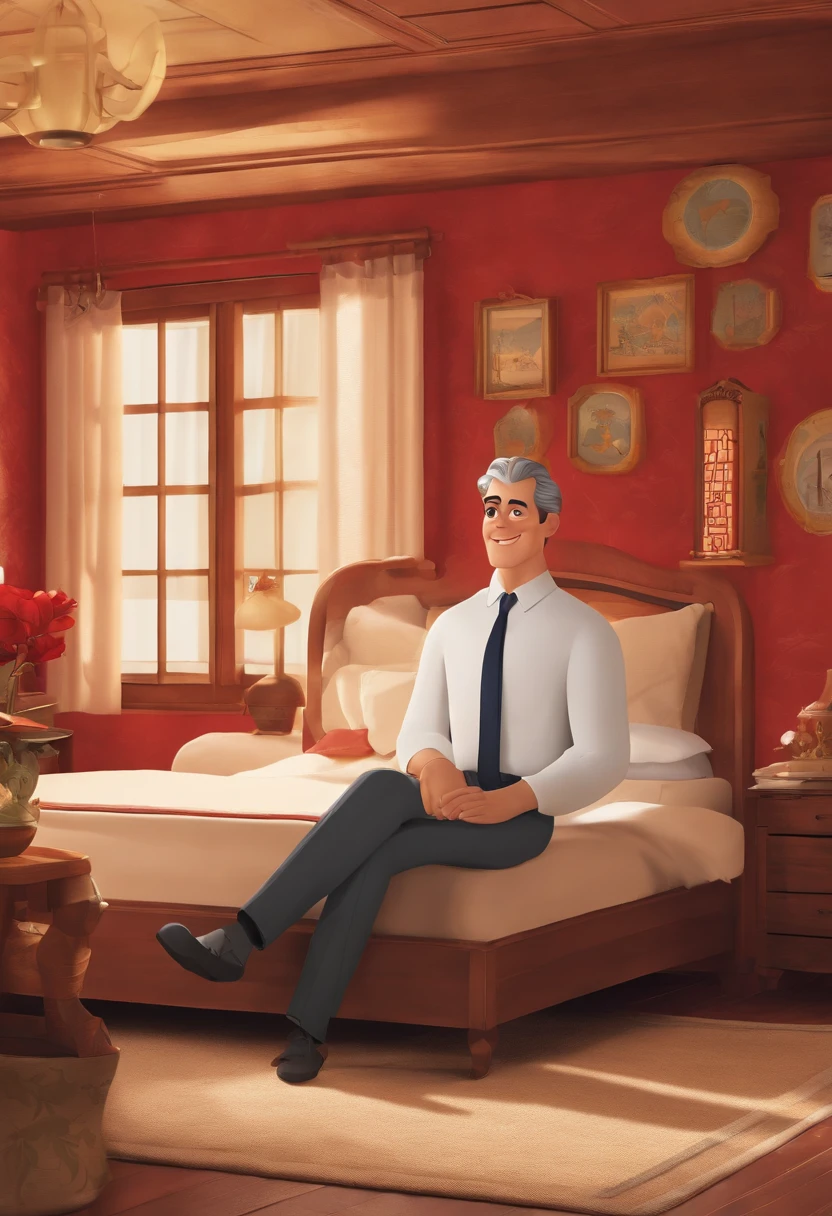 create a Disney movie poster in pixar style with the title "HEALTH MATTRESS" AND A TALL MESTISH JAPANESE MAN, with short, slightly gray hair, a little fat IN A BLACK SUIT WHERE IS HIS PROFESSION a salesman, he is next to a beautiful white king size bed, where the mattress and box have some writing in Japanese in red, the highlight of the image is the bed