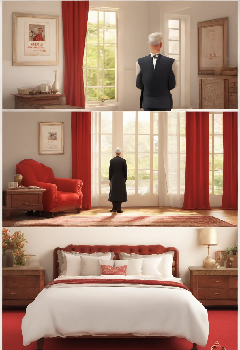 create a Disney movie poster in pixar style with the title "HEALTH MATTRESS" AND A TALL MESTISH JAPANESE MAN, with short, slightly gray hair, a little fat IN A BLACK SUIT WHERE IS HIS PROFESSION a salesman, he is next to a beautiful white king size bed, where the mattress and box have some writing in Japanese in red, the highlight of the image is the bed