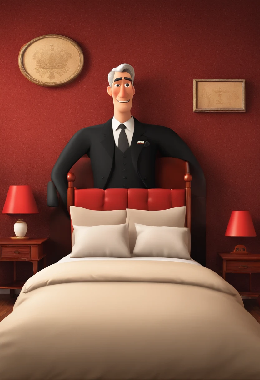 create a Disney movie poster in pixar style with the title "HEALTH MATTRESS" AND A TALL MESTISH JAPANESE MAN, with short, slightly gray hair, a little fat IN A BLACK SUIT WHERE IS HIS PROFESSION a salesman, he is next to a beautiful white king size bed, where the mattress and box have some writing in Japanese in red, the highlight of the image is the bed
