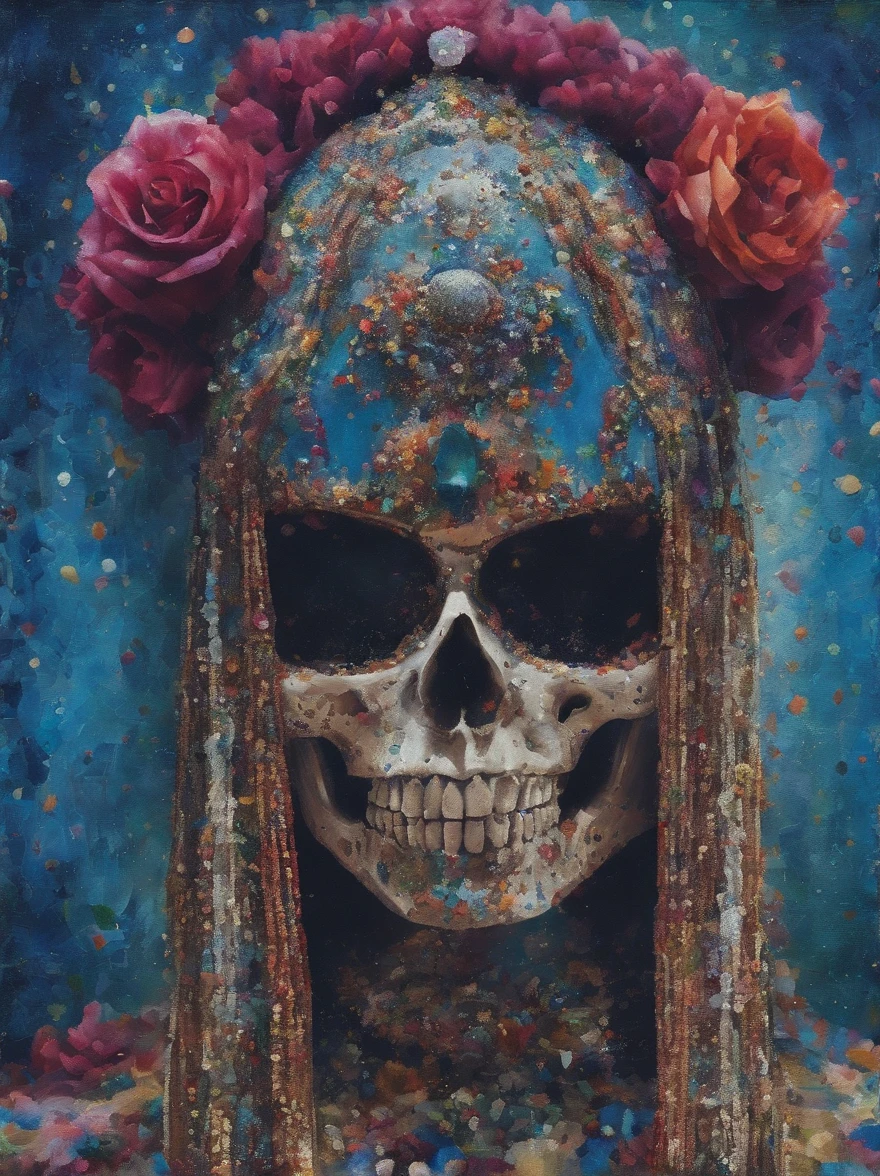 (Close-up of a skull wearing a bridal headdress and blue painting),Artistically,Caricature,a whimsical illustration,pastel art,Rock art,Exaggeration, rolling waves,Cartoon,anime big breast,kawaii,, --AR 3:4 --V 5.2 - Style original - glass