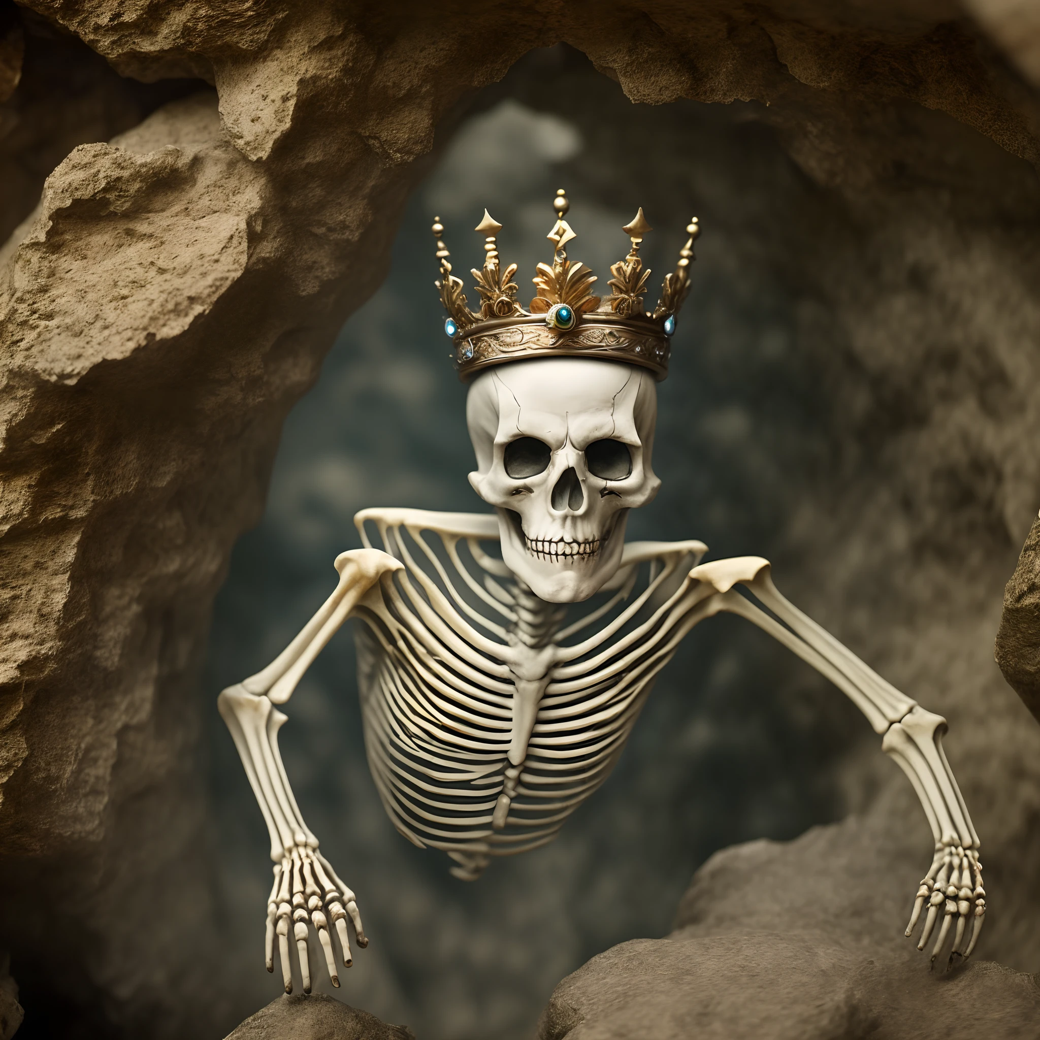 create an animated scene of a ghost with full skeleton body, eyes missing, loosy hair, wear a Viking shoot and a crown in the head chasing a woman in the Rocky cave tomb --auto --s2