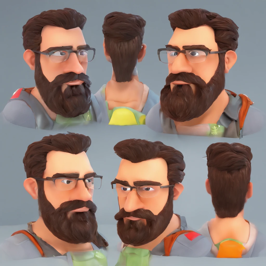 Criar um personagem no estilo Pixar. Trata-se de um homem de 30 anos, com barba, Branco, com cabelos castanhos curtos e um quiff, e olhos castanhos. Ele deve estar na frente de um computador, Trabalhar como designer