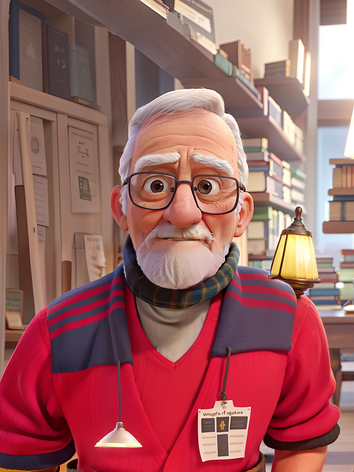 A wise old man standing in front, illuminated by the light of a lamp, against the backdrop of a library