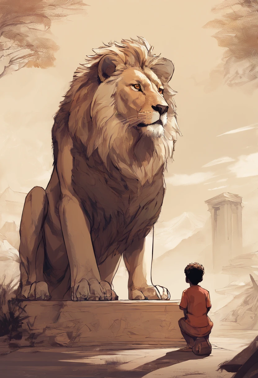 Image of a boy kneeling in prayer with a lion sitting in front of him, numa cidade movimentada, Demonstrating Your Devotion to God