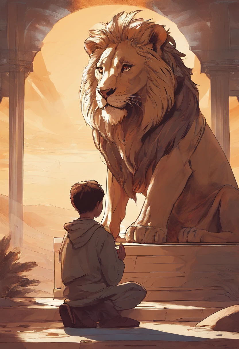 Image of a boy kneeling in prayer with a lion sitting in front of him, numa cidade movimentada, Demonstrating Your Devotion to God