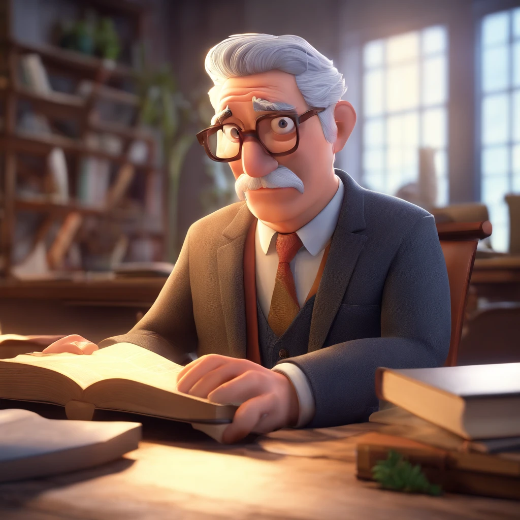 Crie um cartaz inspirado na Disney Pixar com o personagem sendo o pastor Rubens Janier, A gray-haired man wearing glasses, in an office with a Bible on the table
