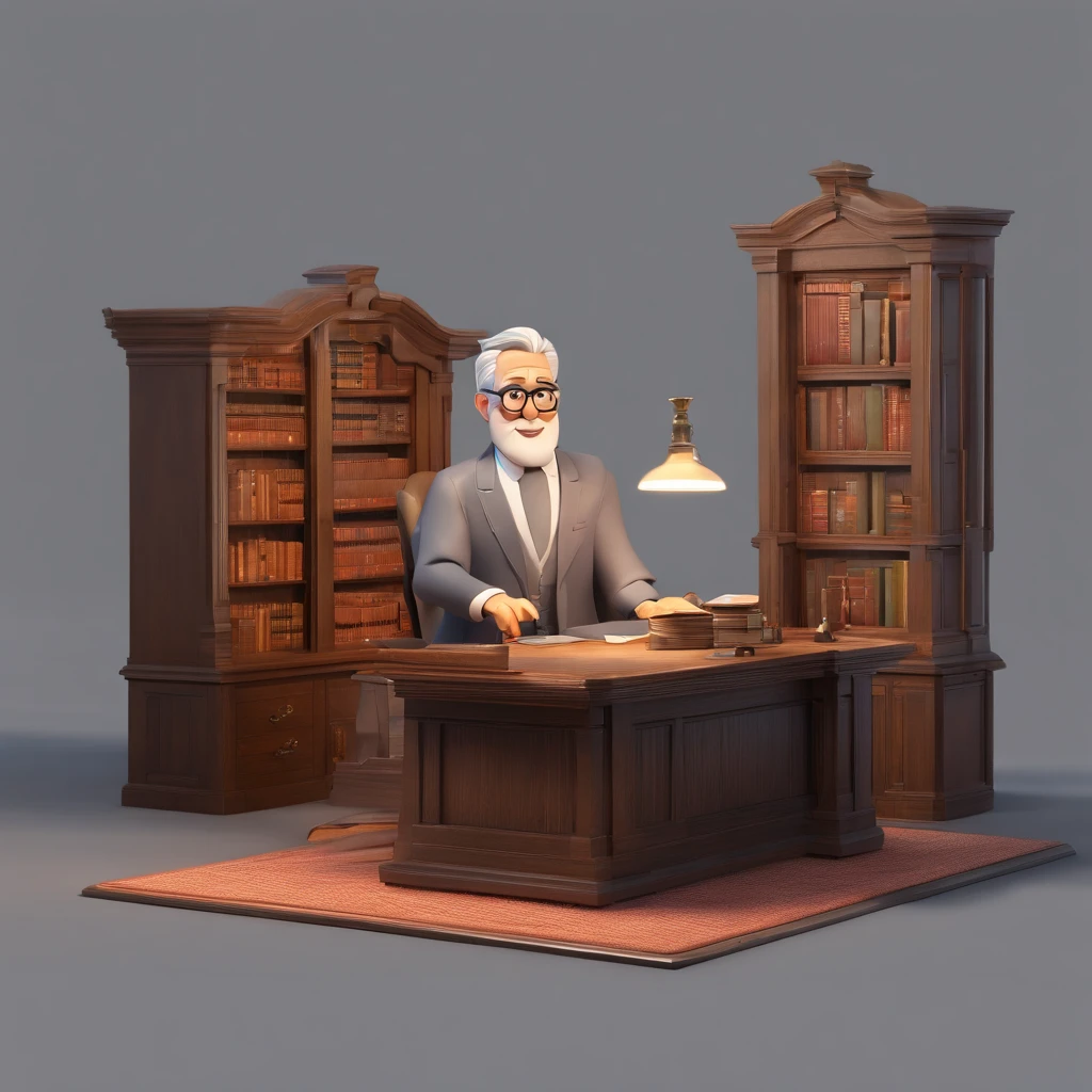 Crie um cartaz inspirado na Disney Pixar com o personagem sendo o pastor Rubens Janier, A gray-haired man wearing glasses, in an office with a Bible on the table