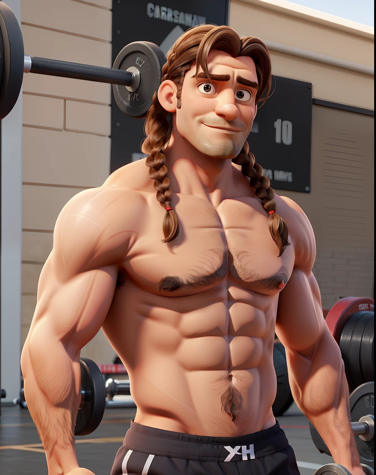 Homem 40 anos,barba pequena,hair in braids,camiseta de CrossFit,local CrossFit,Dumbbell,anilhas.
