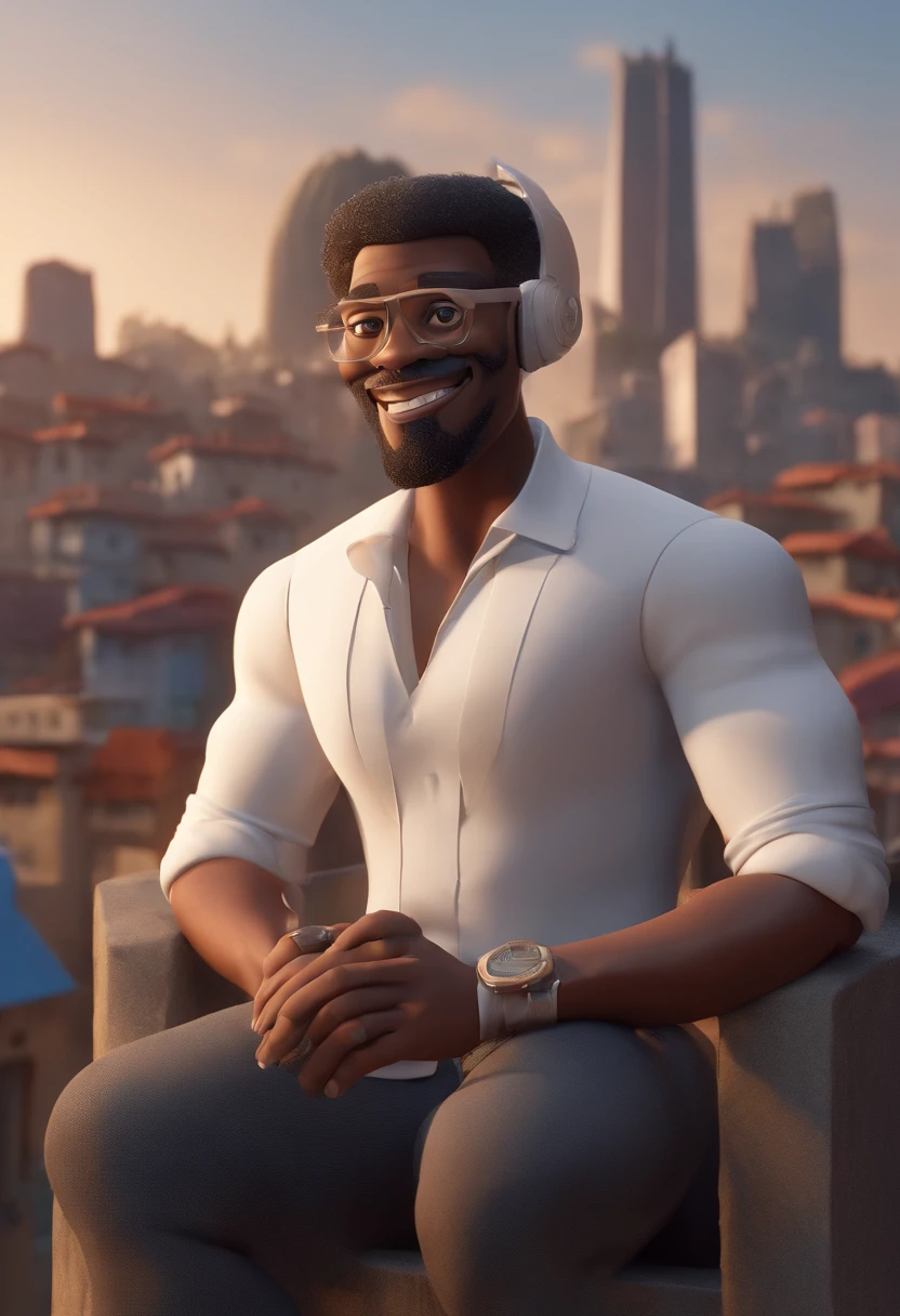 Cartoon character of a man afro-descendant, balding, presenting a podcast on a rooftop in the favela, animation character, Caractere estilizado, animation style rendering, 3D estilizado, Arnold Maya render, 3 d render stylized, toon render keyshot, Personagem 3D, Personagem 3D, 3d rendering stylized, 3 d character render, personagem de desenho animado, Personagem de close up, Pose de personagem,  (Estilo Pixar) (master part:1.2) (Bokeh) (best quality) (pele detalhada) (textura detalhada) (8k) (argila) (Cinematic lighting) (foco nítido