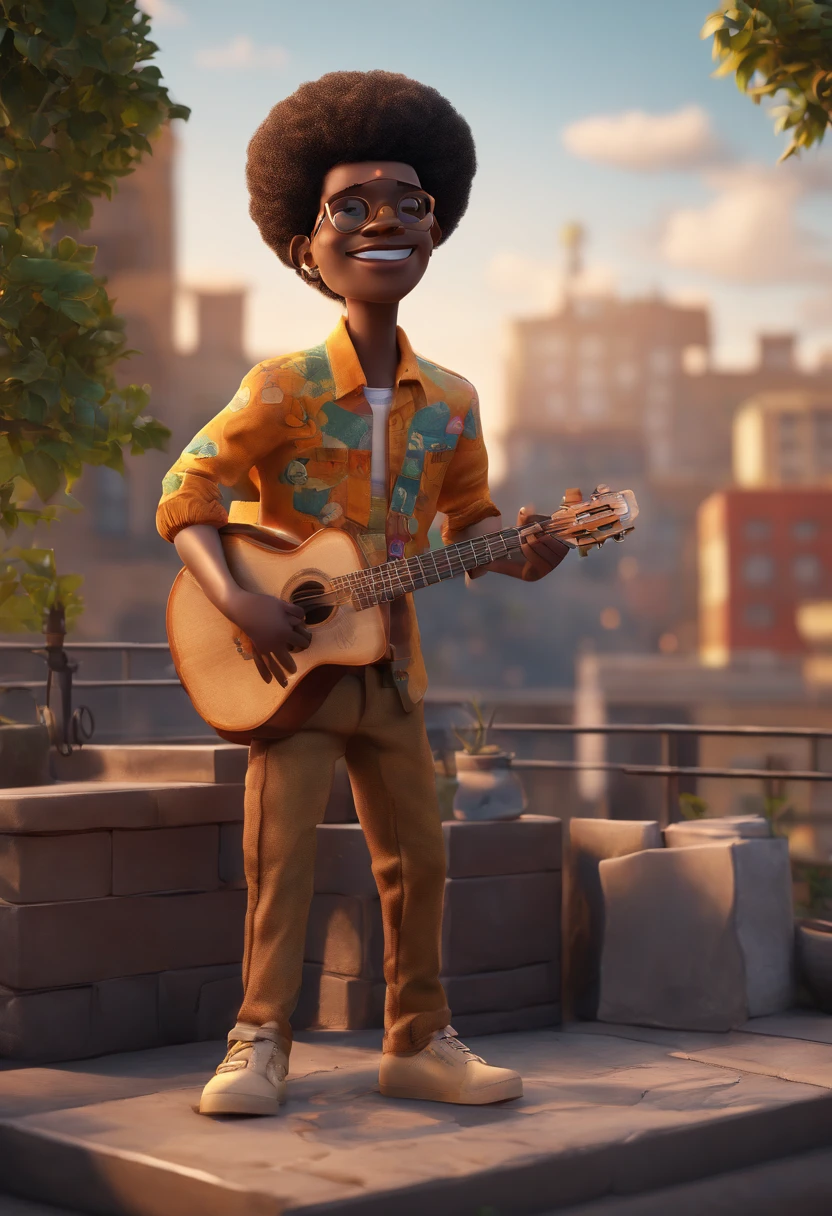 Cartoon character of a man afro-descendant, balding, presenting a podcast on a rooftop in the favela, animation character, Caractere estilizado, animation style rendering, 3D estilizado, Arnold Maya render, 3 d render stylized, toon render keyshot, Personagem 3D, Personagem 3D, 3d rendering stylized, 3 d character render, personagem de desenho animado, Personagem de close up, Pose de personagem,  (Estilo Pixar) (master part:1.2) (Bokeh) (best quality) (pele detalhada) (textura detalhada) (8k) (argila) (Cinematic lighting) (foco nítido