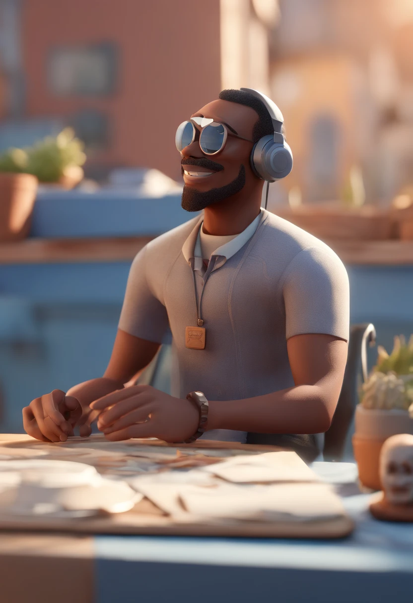Cartoon character of a man afro-descendant, balding, presenting a podcast on a rooftop in the favela, animation character, Caractere estilizado, animation style rendering, 3D estilizado, Arnold Maya render, 3 d render stylized, toon render keyshot, Personagem 3D, Personagem 3D, 3d rendering stylized, 3 d character render, personagem de desenho animado, Personagem de close up, Pose de personagem, (Estilo Pixar) (master part:1.2) (Bokeh) (best quality) (pele detalhada) (textura detalhada) (8k) (argila) (Cinematic lighting) (foco nítido