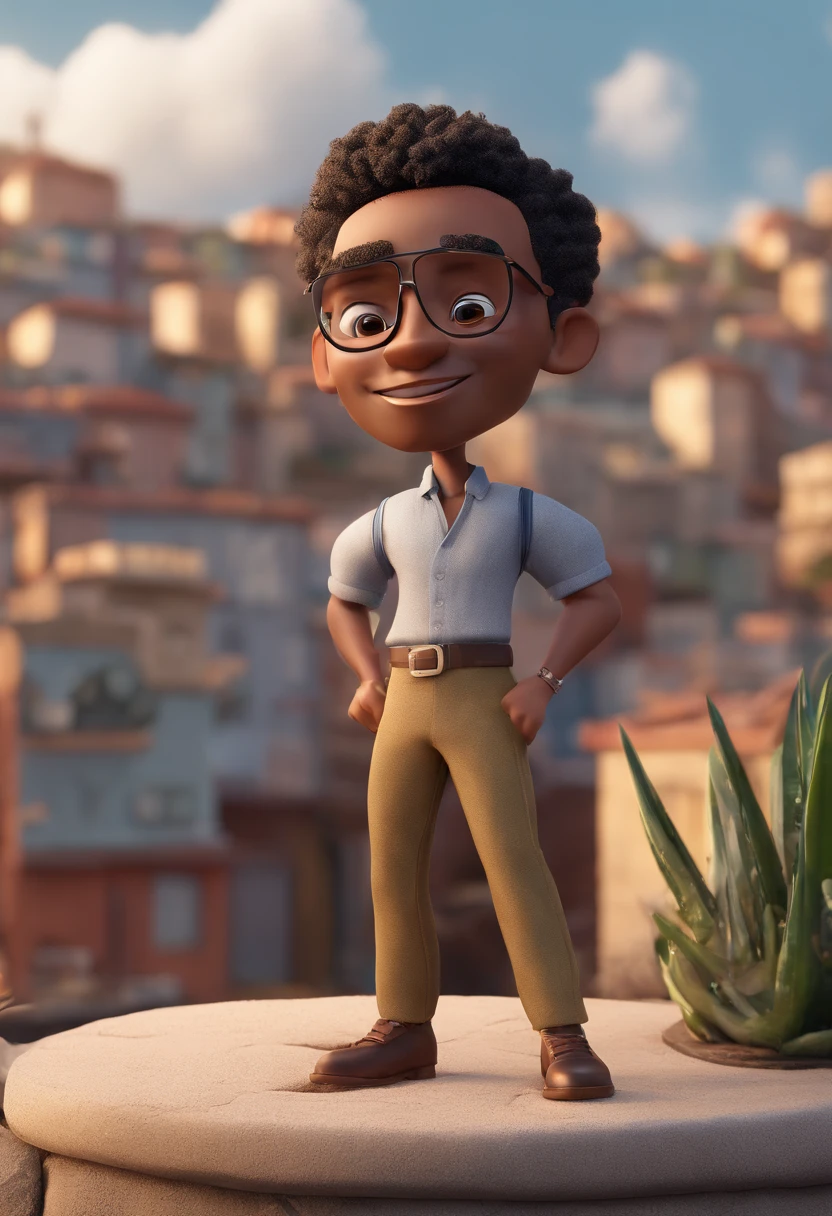 Cartoon character of a man afro-descendant, balding, presenting a podcast on a rooftop in the favela, animation character, Caractere estilizado, animation style rendering, 3D estilizado, Arnold Maya render, 3 d render stylized, toon render keyshot, Personagem 3D, Personagem 3D, 3d rendering stylized, 3 d character render, personagem de desenho animado, Personagem de close up, Pose de personagem, (Estilo Pixar) (master part:1.2) (Bokeh) (best quality) (pele detalhada) (textura detalhada) (8k) (argila) (Cinematic lighting) (foco nítido