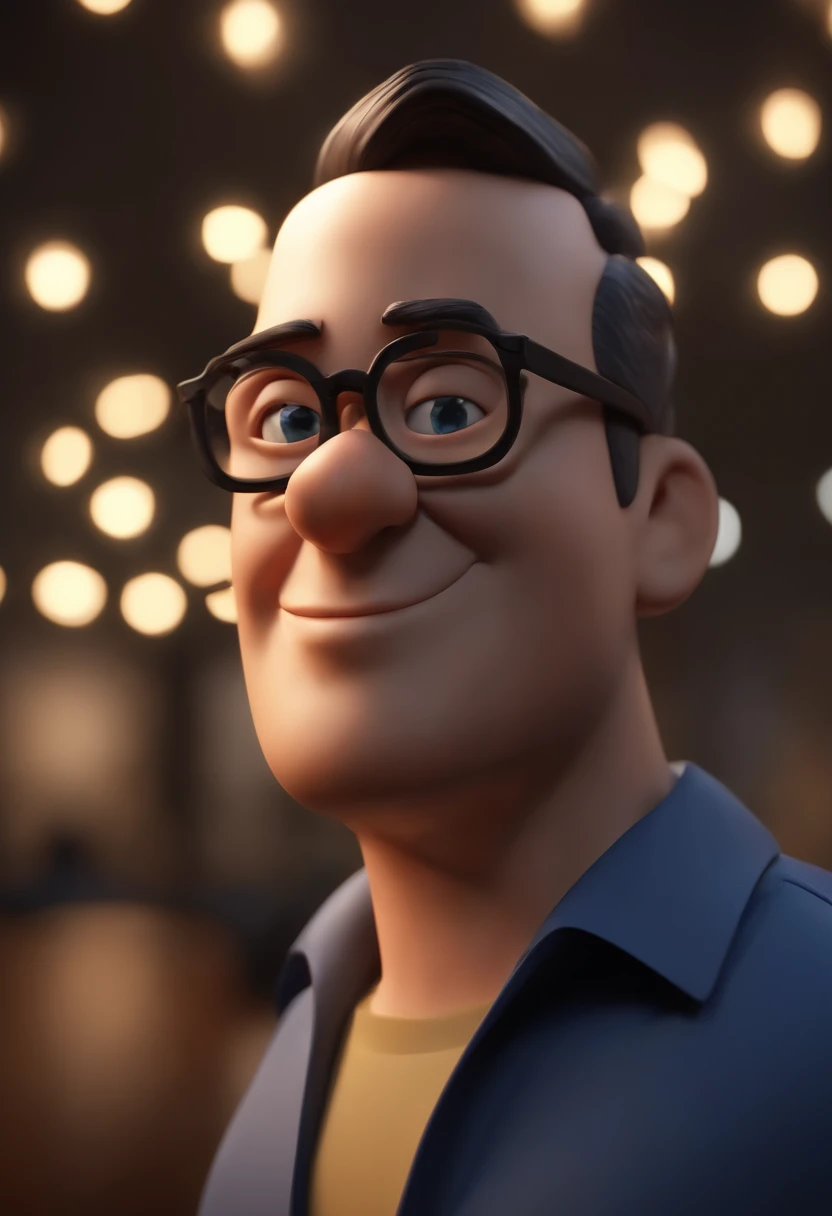 Cartoon character of a man wearing black glasses and a blue shirt, um personagem animado, Caractere estilizado, animation style rendering, 3D estilizado, Arnold Maya render, 3 d render stylized, toon render keyshot, Personagem 3D, Personagem 3D, 3d rendering stylized, 3 d character render, personagem de desenho animado, Personagem de close up, Pose de personagem, (Estilo Pixar) (master part:1.2) (Bokeh) (best quality) (pele detalhada) (textura detalhada) (8k) (argila) (Cinematic lighting) (foco nítido