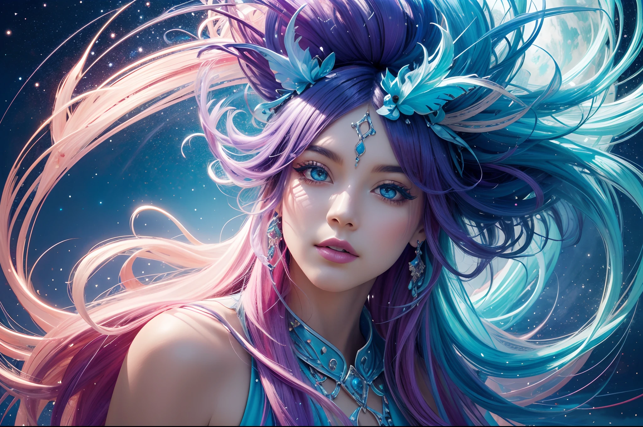 A high resolution、8K,high qulity、downy、Bright,The picture quality is clear,Contains a lot of detail,The colors are bright and dynamic,The whole picture seems to stand still,Purple colored hair,Blue eyes with highlights,white skinned,Tall and tall,Beautiful appearance --auto