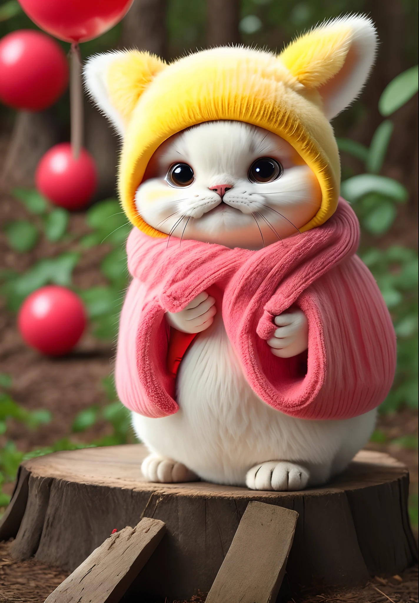 A fat white cat with big eyes, playful eyes, wearing a Pikachu hat and carrying a red balloon, sitting on a tree stump.