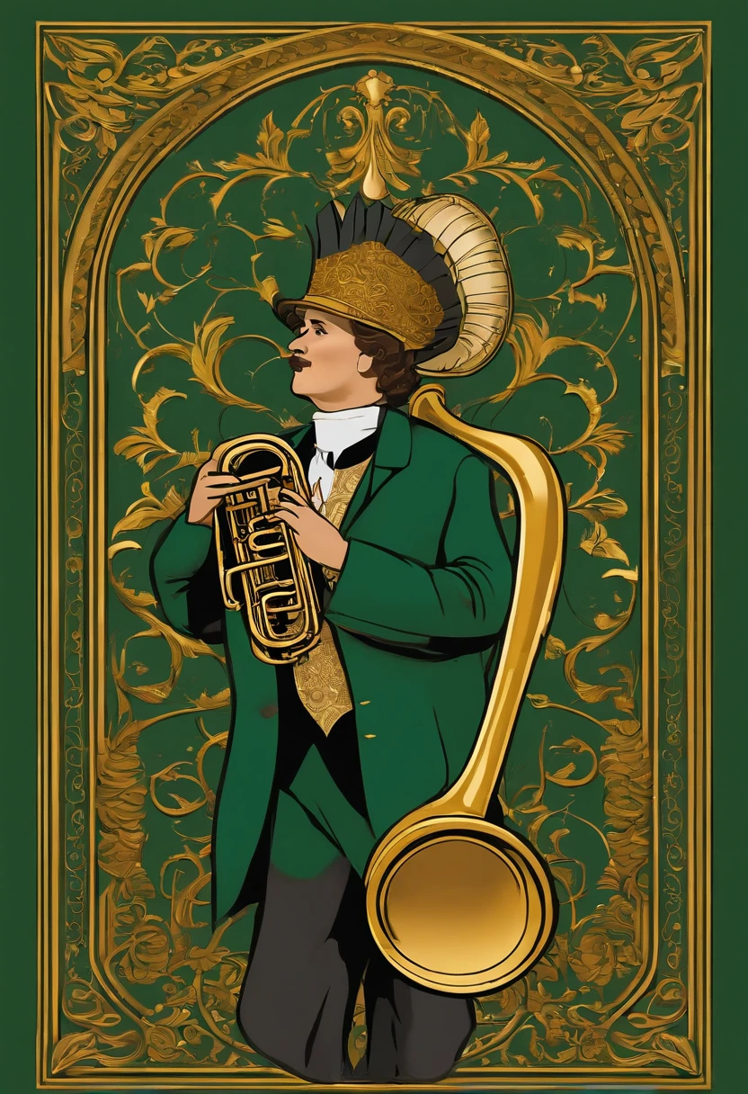 The visual representation I am requesting is that of a confident young man holding a large 4/4 tuba with 4 pistons, well-known for its grandeur and characteristic conical shape, culminating in a wide flaring bell at the end. The tuba, a brass instrument renowned for its deep, resonant sound, features a complex series of coiled tubing. The young man is elegantly attired in a green suit, accentuated by a meticulously crafted miniature tuba brooch adorning his lapel. To complement this, I am envisioning a Pixar-style character, adding a touch of whimsy and charm to the depiction. In the background, a stately church provides a striking contrast to the intricate details of the instrument. The overall image should capture the essence of both the character's charm and the tuba's unique features, all rendered in the lively and colorful style characteristic of Pixar animations.