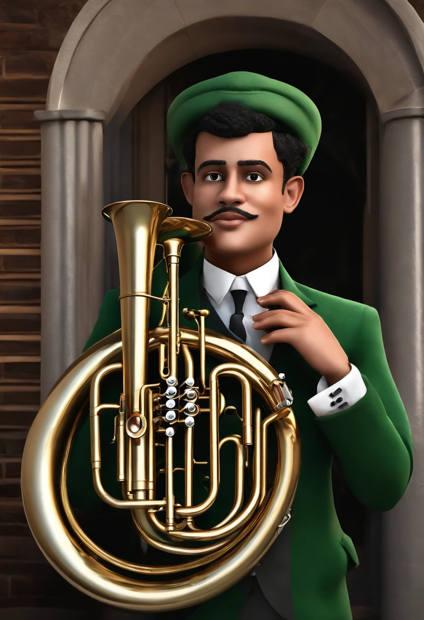 The visual representation I am requesting is that of a confident young man holding a large 4/4 tuba with 4 pistons, well-known for its grandeur and characteristic conical shape, culminating in a wide flaring bell at the end. The tuba, a brass instrument renowned for its deep, resonant sound, features a complex series of coiled tubing. The young man is elegantly attired in a green suit, accentuated by a meticulously crafted miniature tuba brooch adorning his lapel. To complement this, I am envisioning a Pixar-style character, adding a touch of whimsy and charm to the depiction. In the background, a stately church provides a striking contrast to the intricate details of the instrument. The overall image should capture the essence of both the character's charm and the tuba's unique features, all rendered in the lively and colorful style characteristic of Pixar animations.