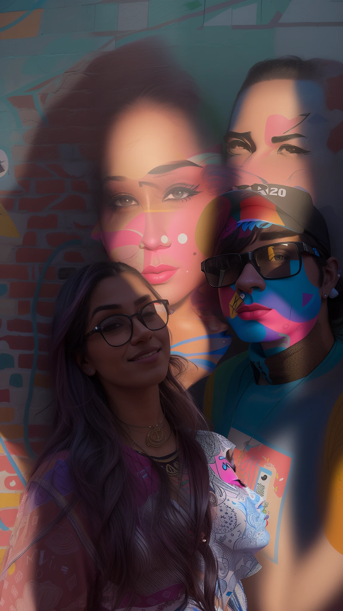 Man and woman standing in front of a colorful wall, Directed by: Nandor Soldier, Alex Yanes e Lisa Frank, Location ( favela _ PAREDE ), grafite ao fundo, imagem de perfil, grafite no fundo, foto de perfil, Directed by: Samuel Silva, inspirado em Francis Souza, by Gina Pellón, Directed by: Judith Gutierrez, Directed by: Ramon Silva