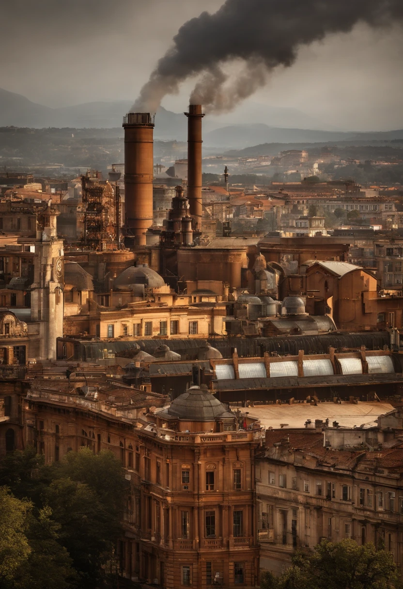 (((Steampunk))),cidade,(((Crowded buildings))),Engrenagens e tubos expostos,(((luz fraca))),solo submerso,((Engrenagens)),((tubos grossos)),Ponte coberta,The perspective is bottom-up, reflecting the height of the building,tempo escuro,smoking chimneys,(((mechanical devices))),((fios escalonados)),Cidade lotada,irregular buildings