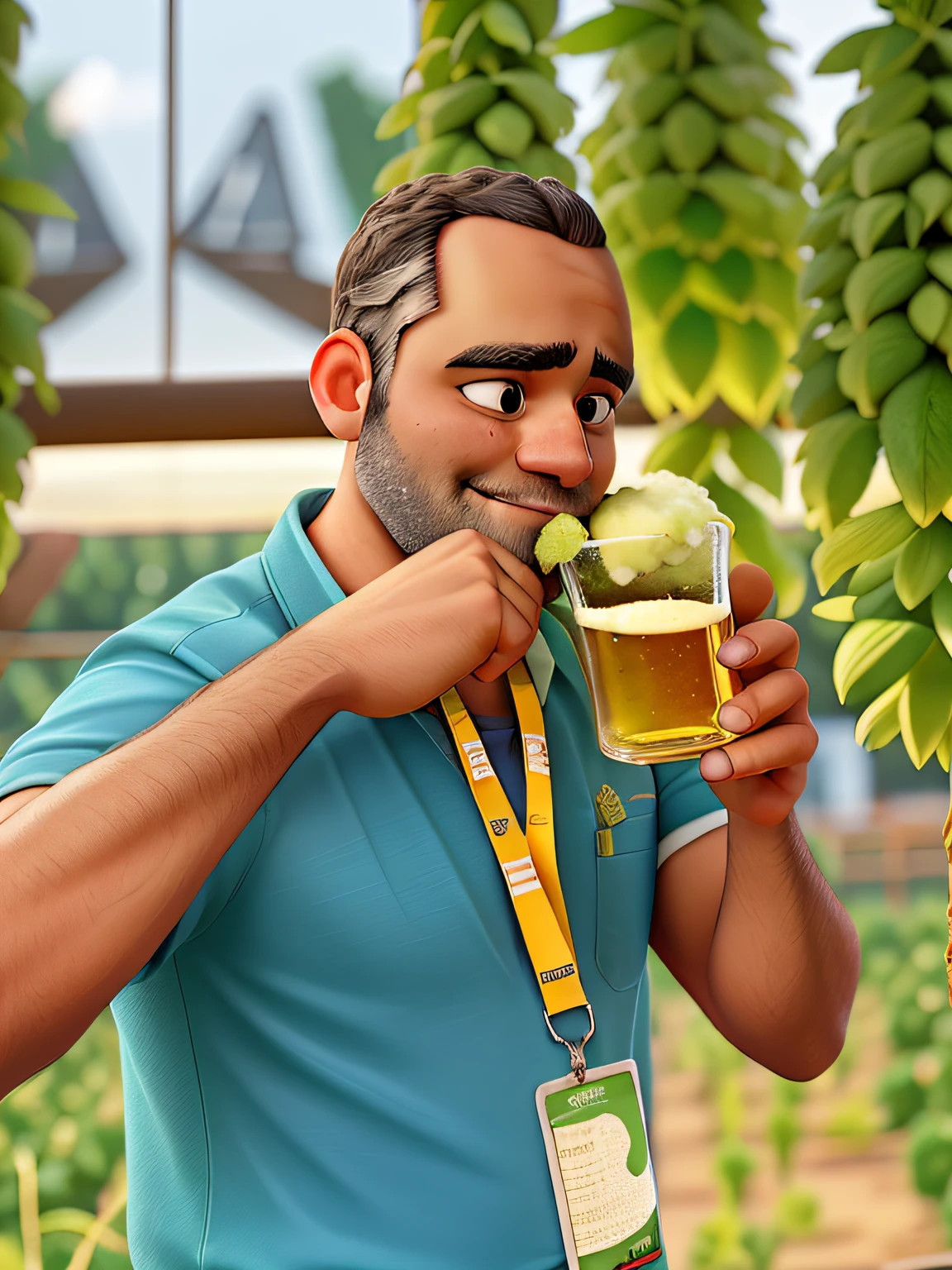 holding a glass of beer and on the rim of the glass a cone of hops and in the background a field of hops