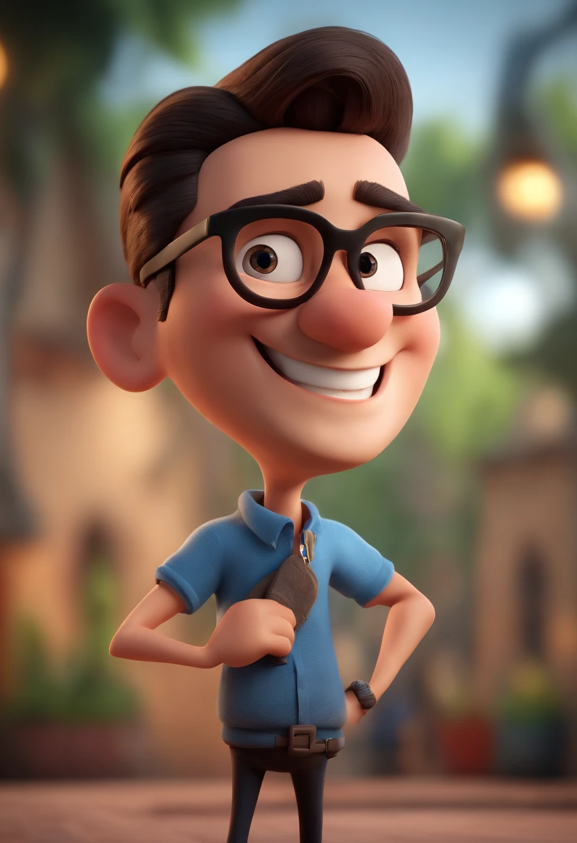 Cartoon character of a man with black glasses and a blue shirt, animation character, Caractere estilizado, animation style rendering, 3D estilizado, Arnold Maya render, 3 d render stylized, toon render keyshot, Personagem 3D, Personagem 3D, 3d rendering stylized, 3 d character render, personagem de desenho animado, Personagem de close up, Pose de personagem,  (Estilo Pixar) (master part:1.2) (Bokeh) (best quality) (pele detalhada) (textura detalhada) (8k) (argila) (Cinematic lighting) (foco nítido