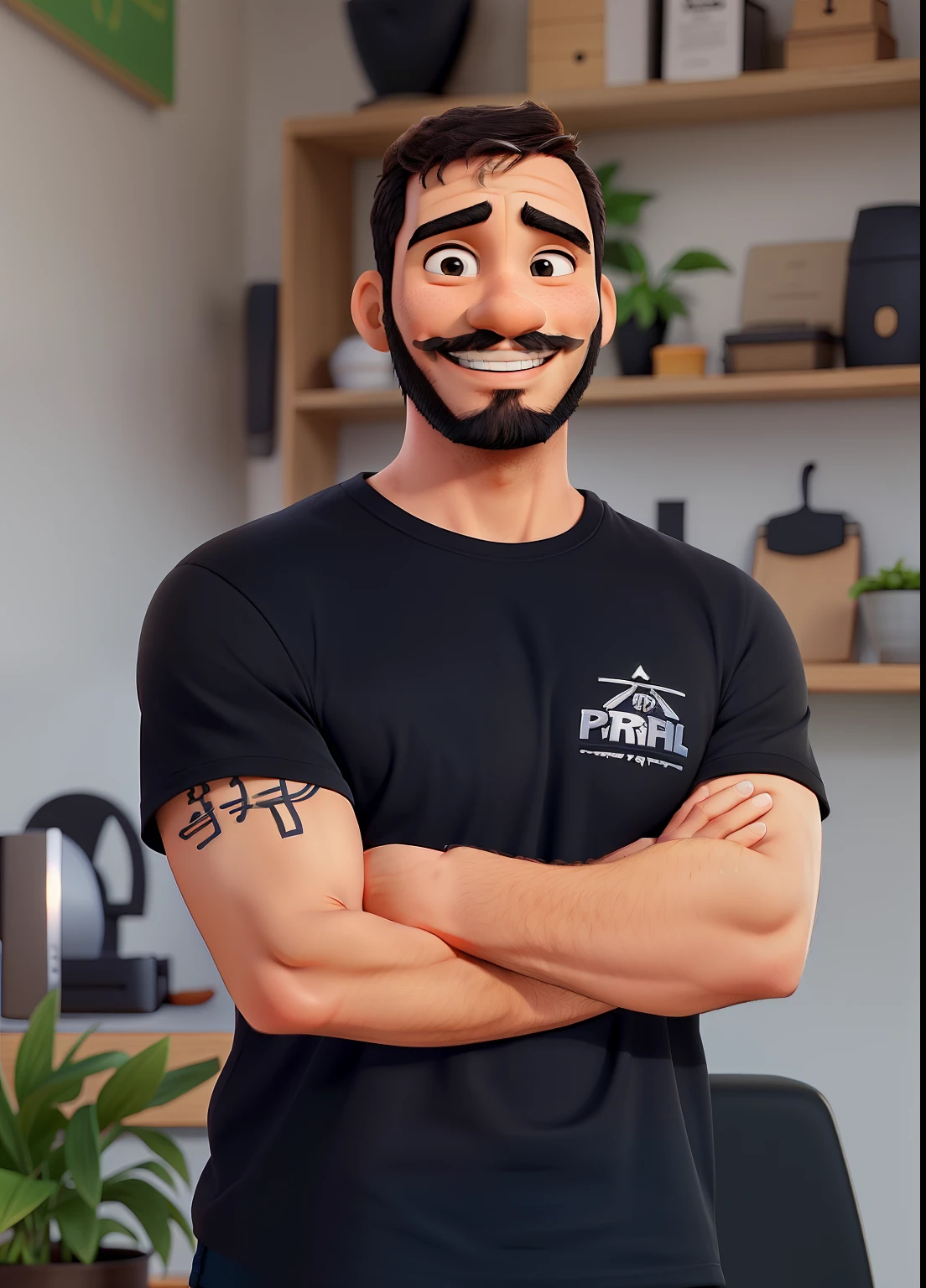A man with a cheerful expression, sorrindo, com barba e bigode, with black t-shirt and arms crossed