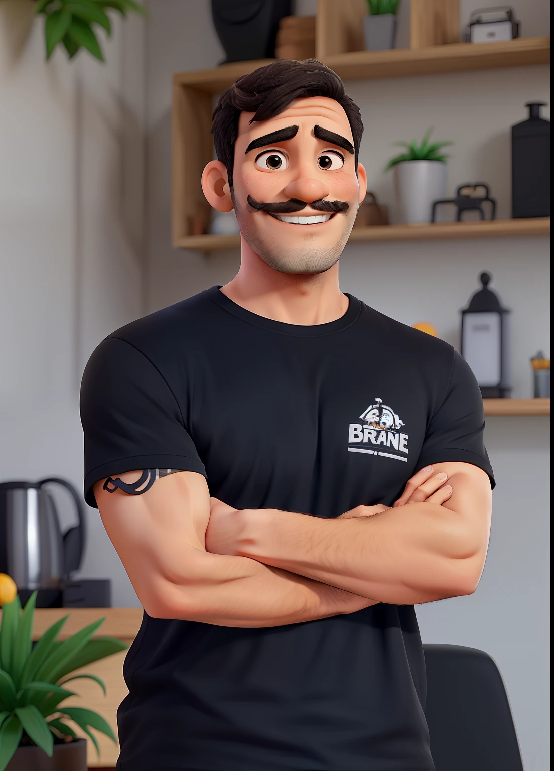 A man with a cheerful expression, sorrindo, com barba e bigode, with black t-shirt and arms crossed