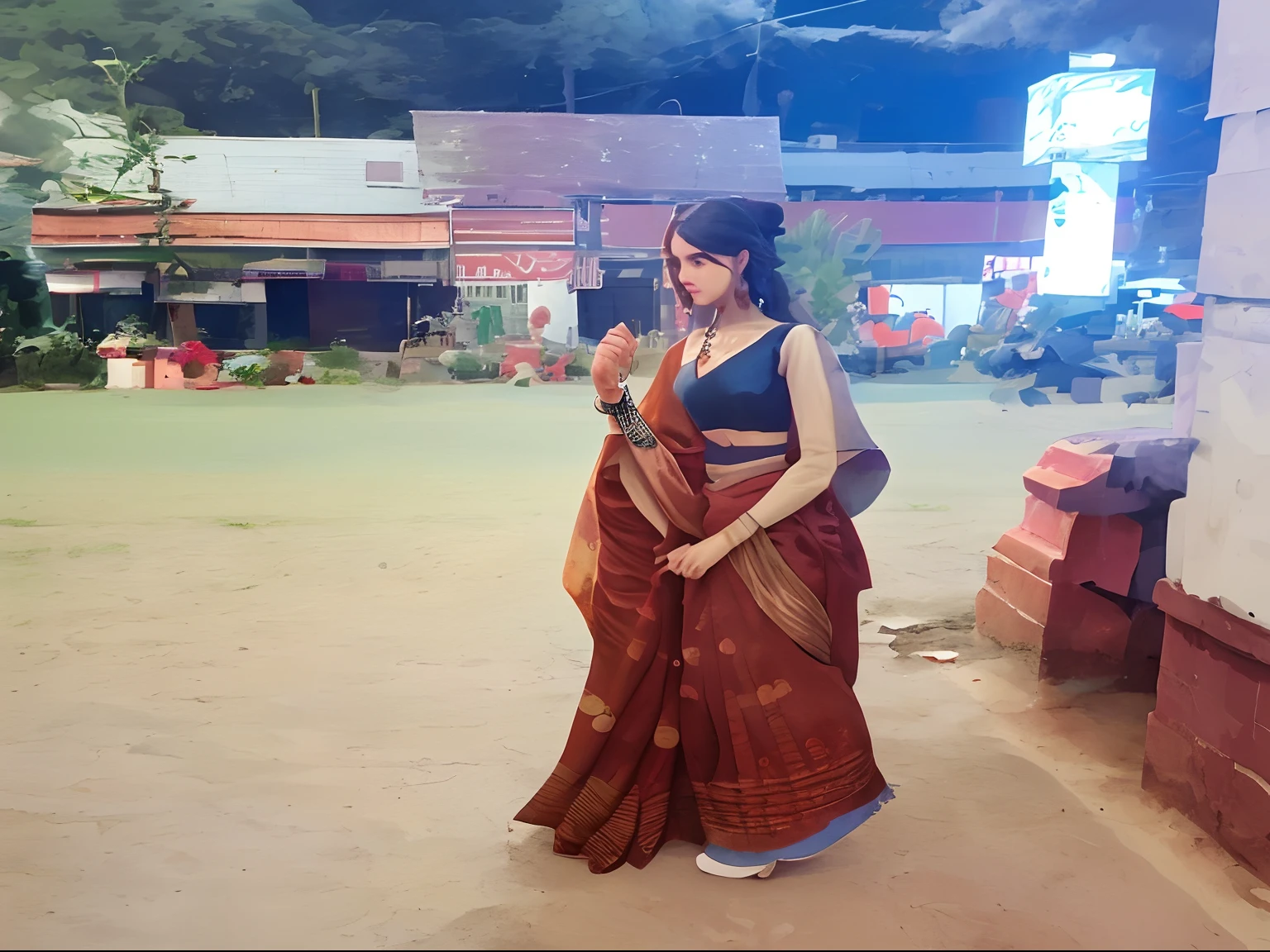 Beautiful Marathi women,marathi style saree, slim figure belly, Marathi bindi,realistic looking,clear image background a small beautiful village around agriculture land full of mustard plant