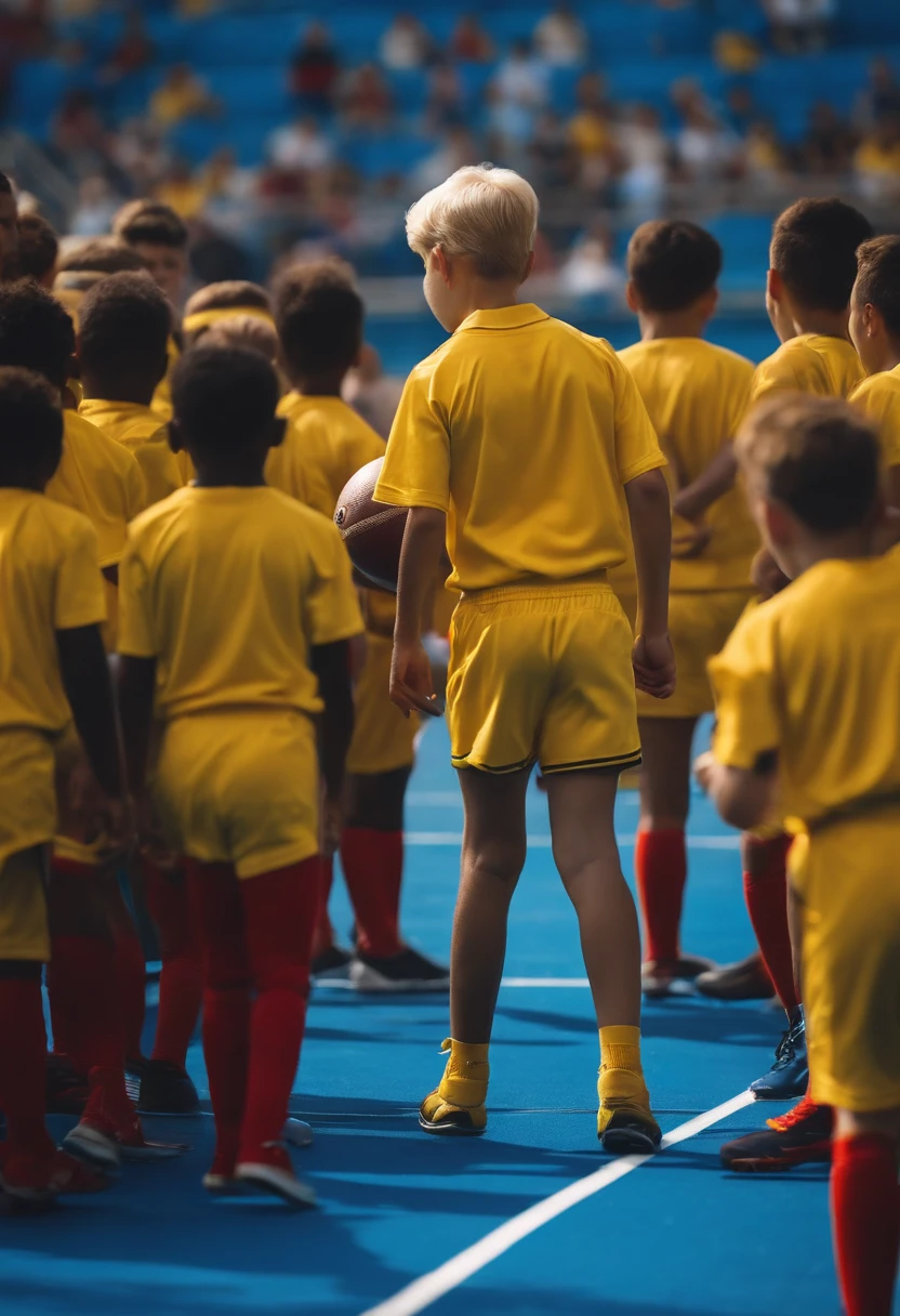 Boy in yellow uniform playing football on blue court with crowd watching, fotografia esportiva, Drible