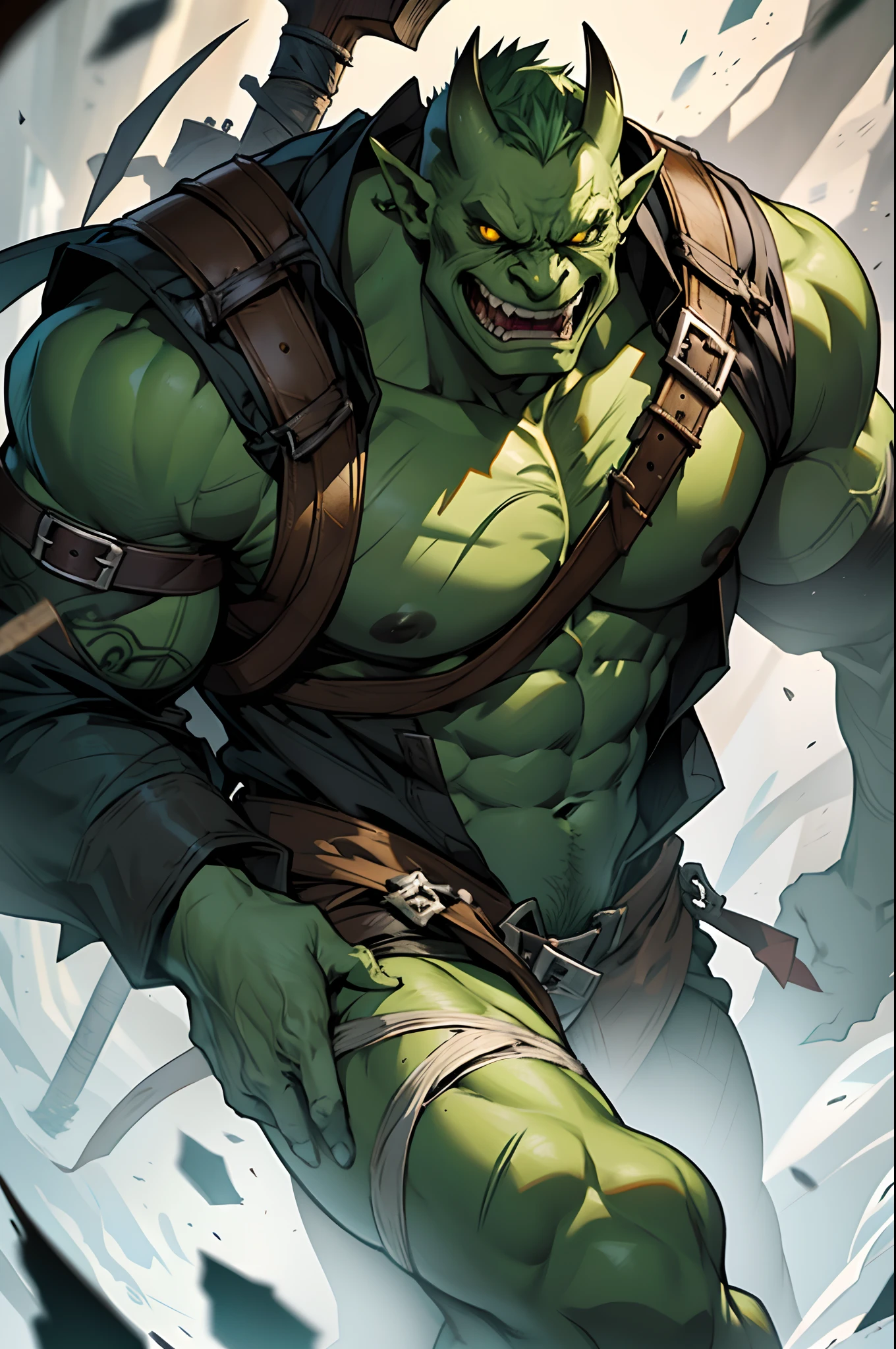 wanted criminal Best Quality, tmasterpiece, extra high resolution, Detailed background, realisti, 独奏, ember, Evil Orc, Ax , green orc, warrior, Dark green skin color, SINISTER, terrible, in full height, Race orc., blunt face, листовка wanted, D&D, Horror \(subject\),ダークファンタジー, Depth of field,