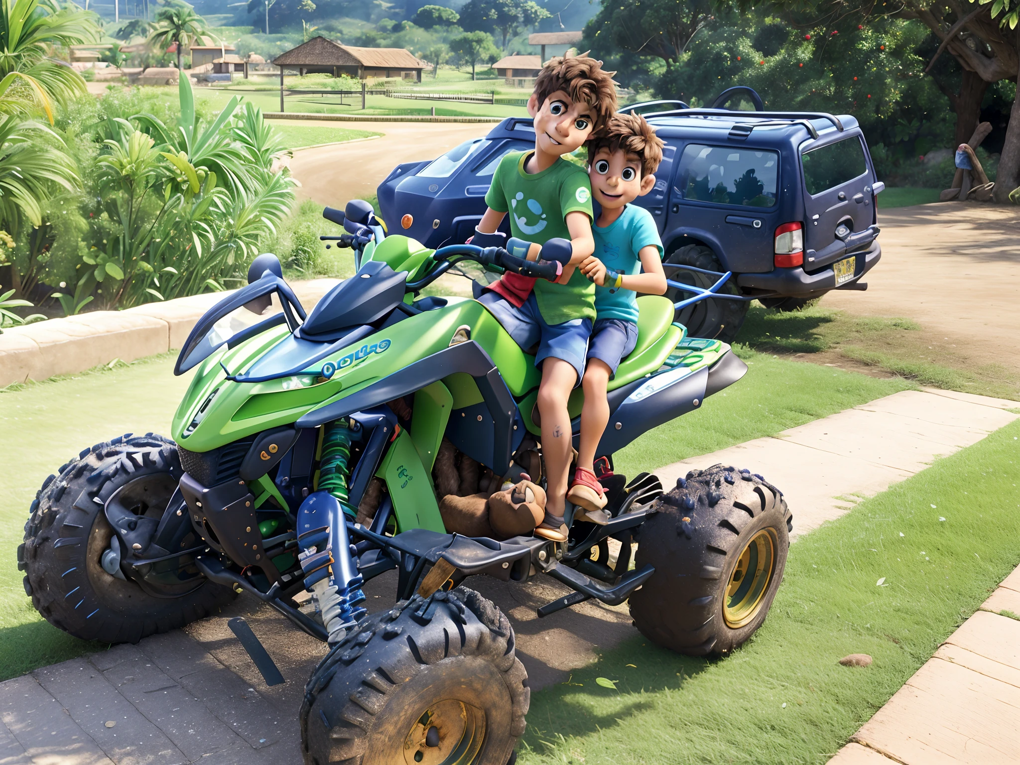 There are two children sitting on a green quad bike on the grass, cabrito, garotada, mateus 9 5, menino, Directed by: Samuel Scott, twins, Kawasaki, Foto de quadro completo, roge antonio, Directed by: Samuel Silva, Me ajuda, Torne-se profissional, Rapazes, fotografia, Dan dos Santos, online, childrens, imagem do avatar, Foto de perfil, ganhador, Directed by: Joseph Raphael