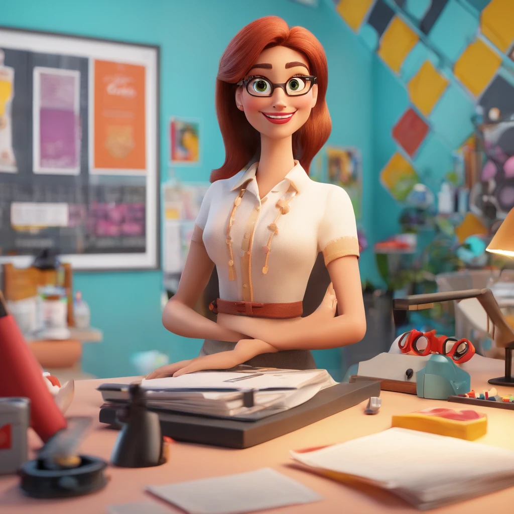 create a 3D movie poster inspired by Disney Pixar, The scene should be in Pixar's signature digital art style, with a caricature image of a woman businesswoman, in a Beauty Studio setting