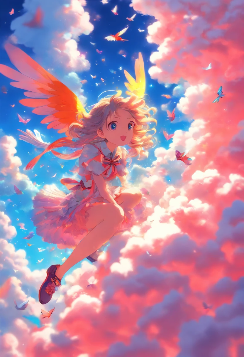 master part, best quality, 1girl, bird, gaivota, heaven, Cloud, polca_ponto, azul_heaven, sozinho, Nublado_heaven, bug, borboleta, dia, corar, rebanho, ao ar livre, Abigail