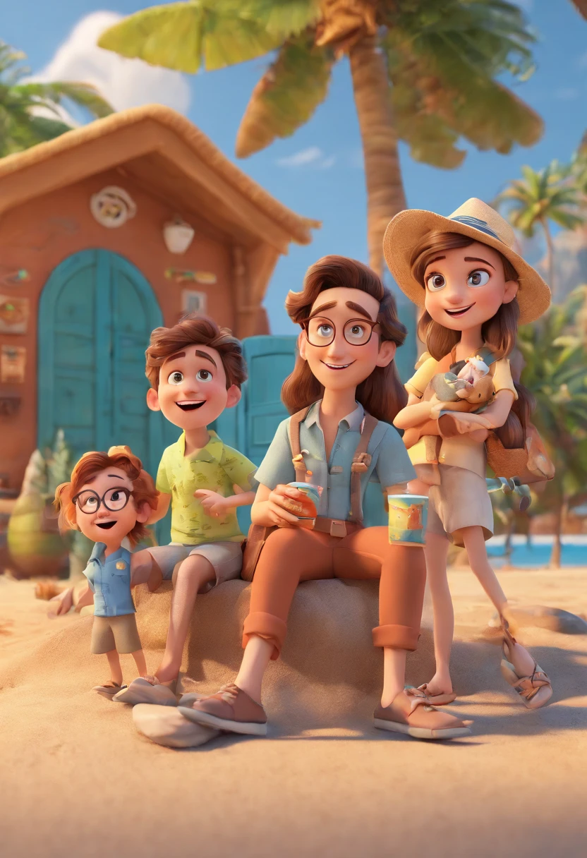 Cartoon of friends having fun on vacation together, 3D Animation Movie Poster, Poster de filme animado, pixar 3 d animation style, pixar renderman rendering, maia 8 mil, animated film, Disney Pixar Estilo 3D, amigos felizes saem juntos, all wearing light blue shirts and cream brown long pants, camisa azul clara, cream brown pants, ao ar livre, vacation, Disney Pixar Animation Poster