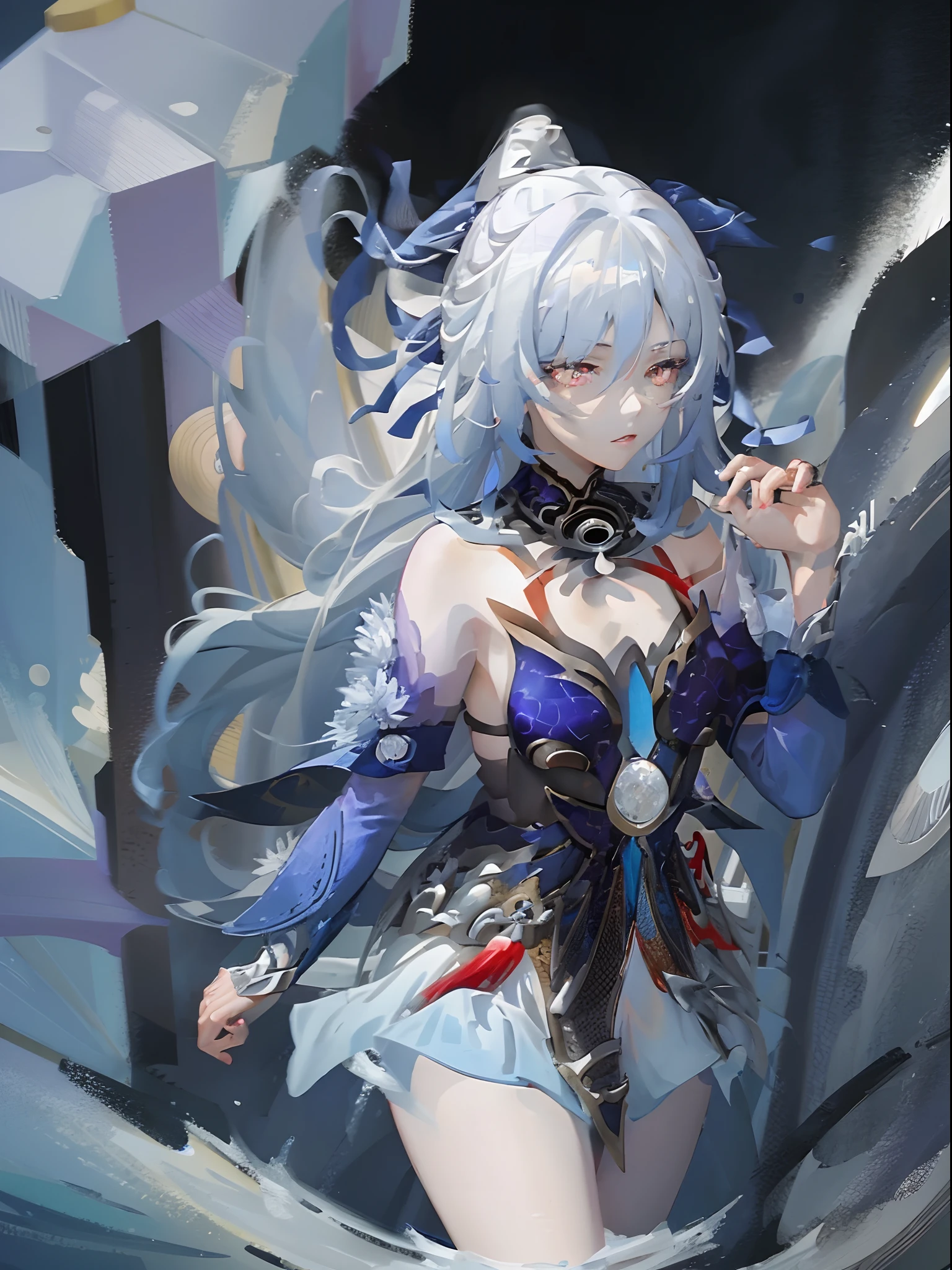 1girl, light blue hair, red eyes , purple dress, jingliu Honkai star rail , tried up hair , Clouds