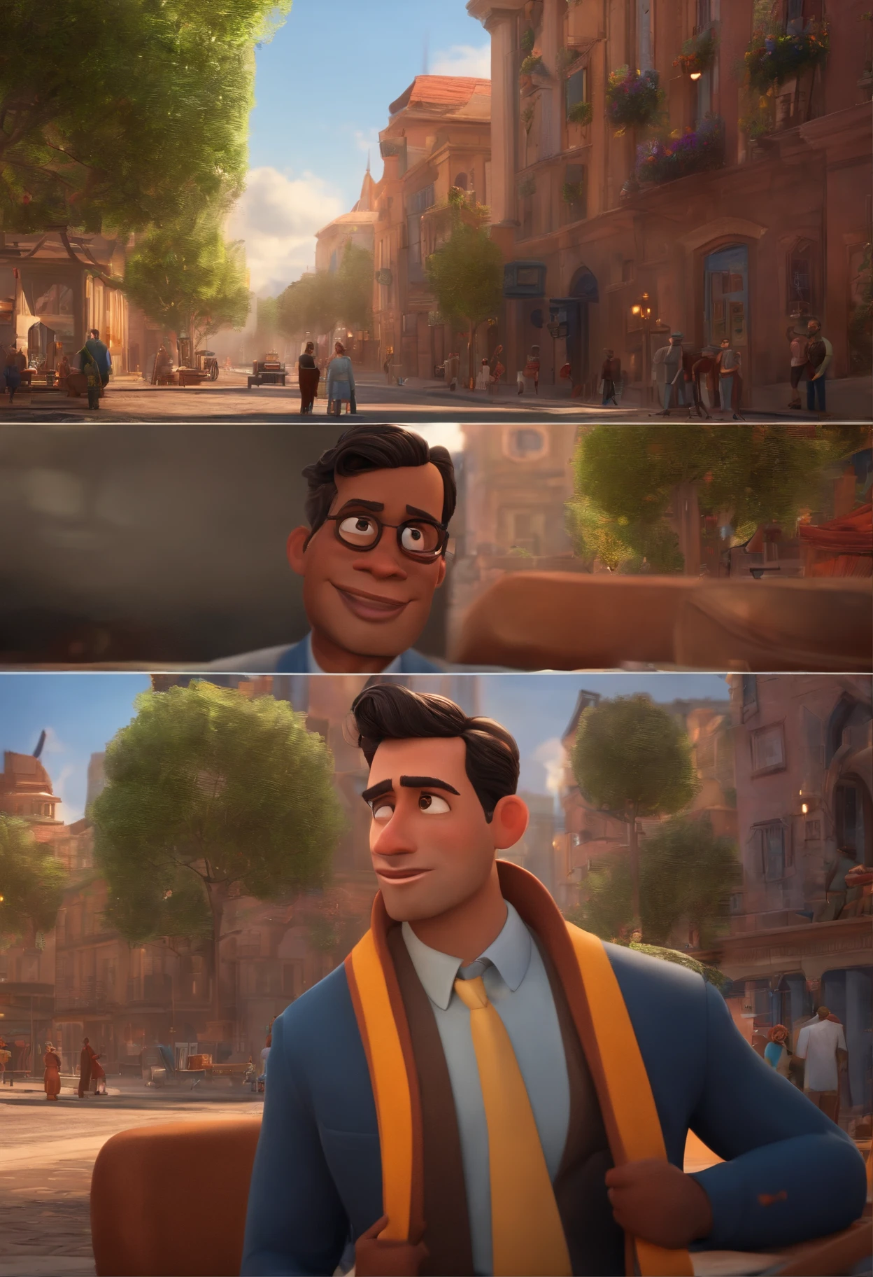 A city councilman looking at a dream project inspired by Pixar animation, de perto. The character takes center stage with captivating facial expressions, oferecendo um toque de irrealidade