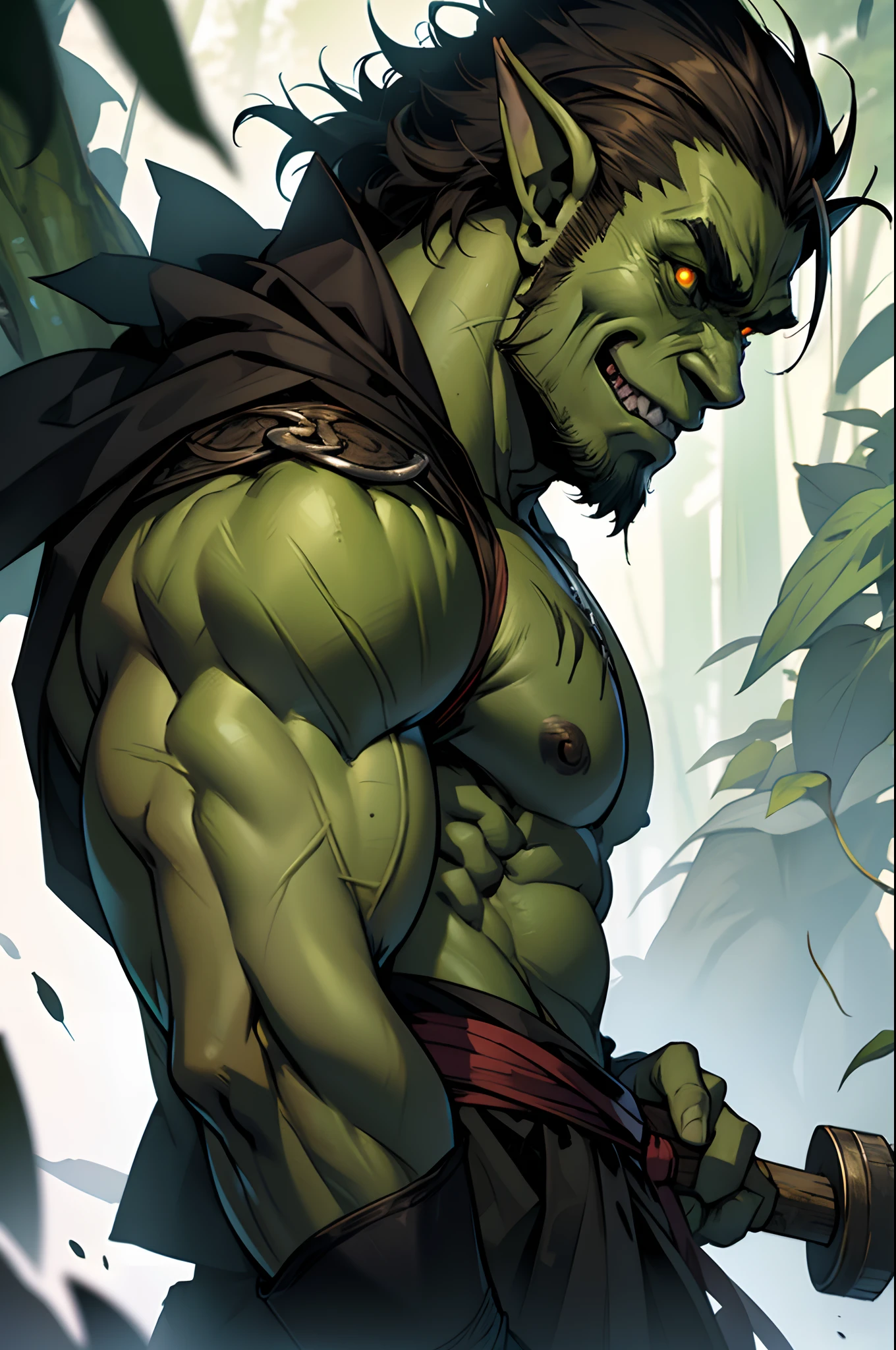 wanted criminal Best Quality, tmasterpiece, extra high resolution, Detailed background, realisti, 独奏, ember, Evil Orc, Ax , green orc, warrior, Dark green skin color, SINISTER, terrible, in full height, Race orc., blunt face, листовка wanted, D&D, Horror \(subject\),ダークファンタジー, Depth of field,