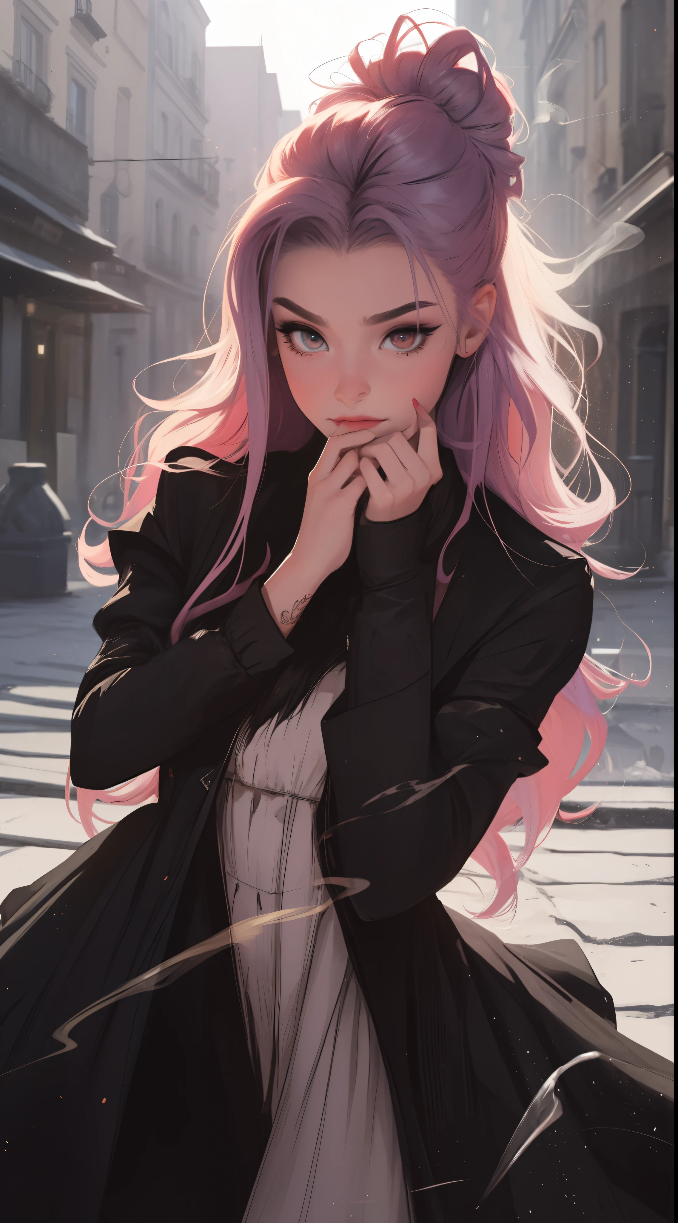 vampire, divinity, (Smoke effect around his head, Lots of particle effects) tatouage, maquillage, Paysage de nuit qui passe, Une belle fille avec, UHD Portrait, (High quality) (ultra details) Regarder le spectateur en tenue de ville de style hip-hop; different, colourfull, cheveux de plusieurscouleurs longs 🌈