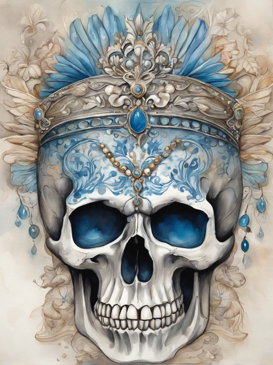 (Close-up of a skull wearing a bridal headdress and blue painting),Artistically,Caricature,a whimsical illustration,pastel art,Rock art,Exaggeration, rolling waves,Cartoon,anime big breast,kawaii,, --AR 3:4 --V 5.2 - Style original - glass