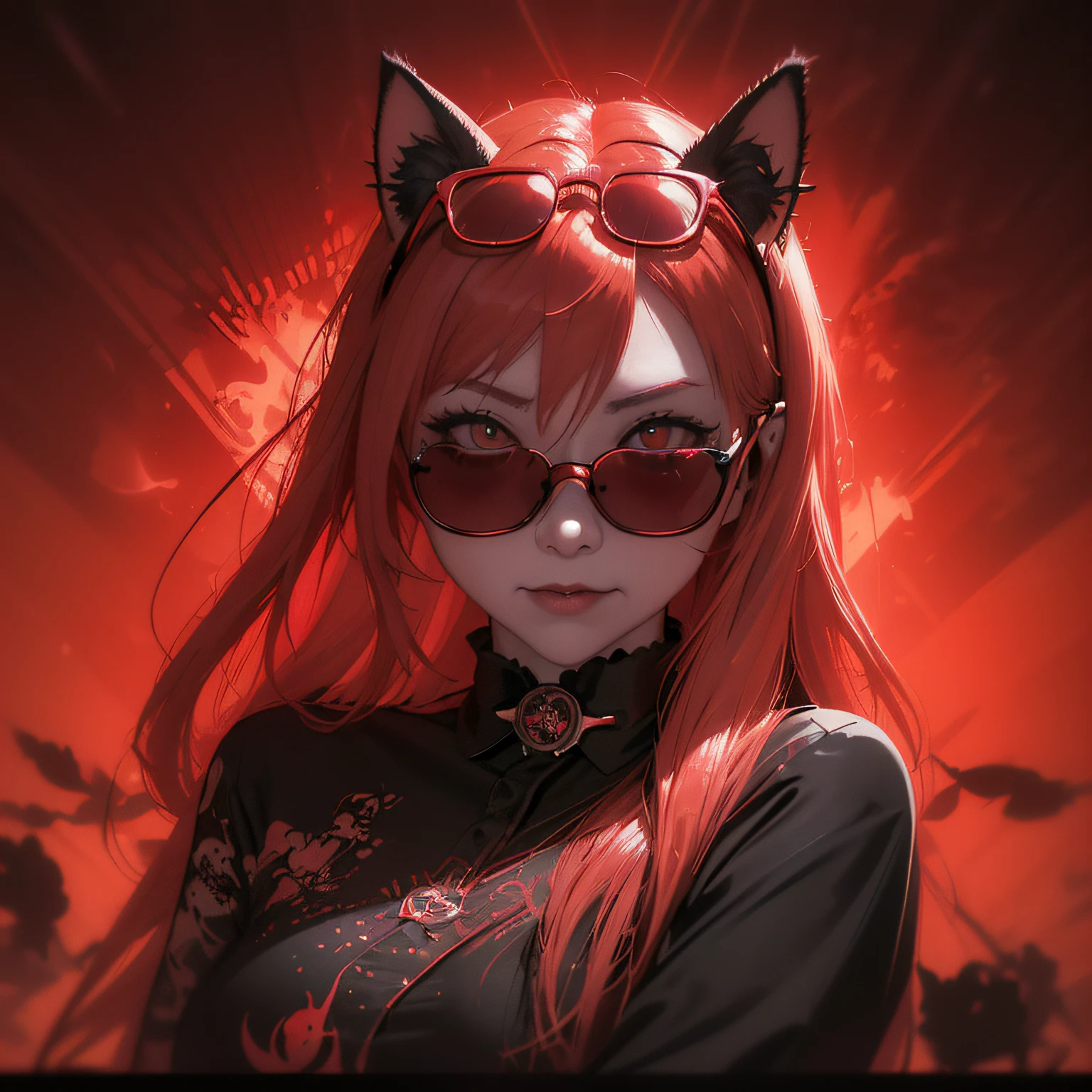 A woman with long blond hair and red glasses, por Yang J, ""gothic art"", Monochromatic and red-colored bleeding from ((Sunglasses shaped like a red kitten)), Fixar no anime, (""corte na sobrancelha, e percing no nariz"") (((Detalhes em neon vermelho, em um dia ensolarado)))