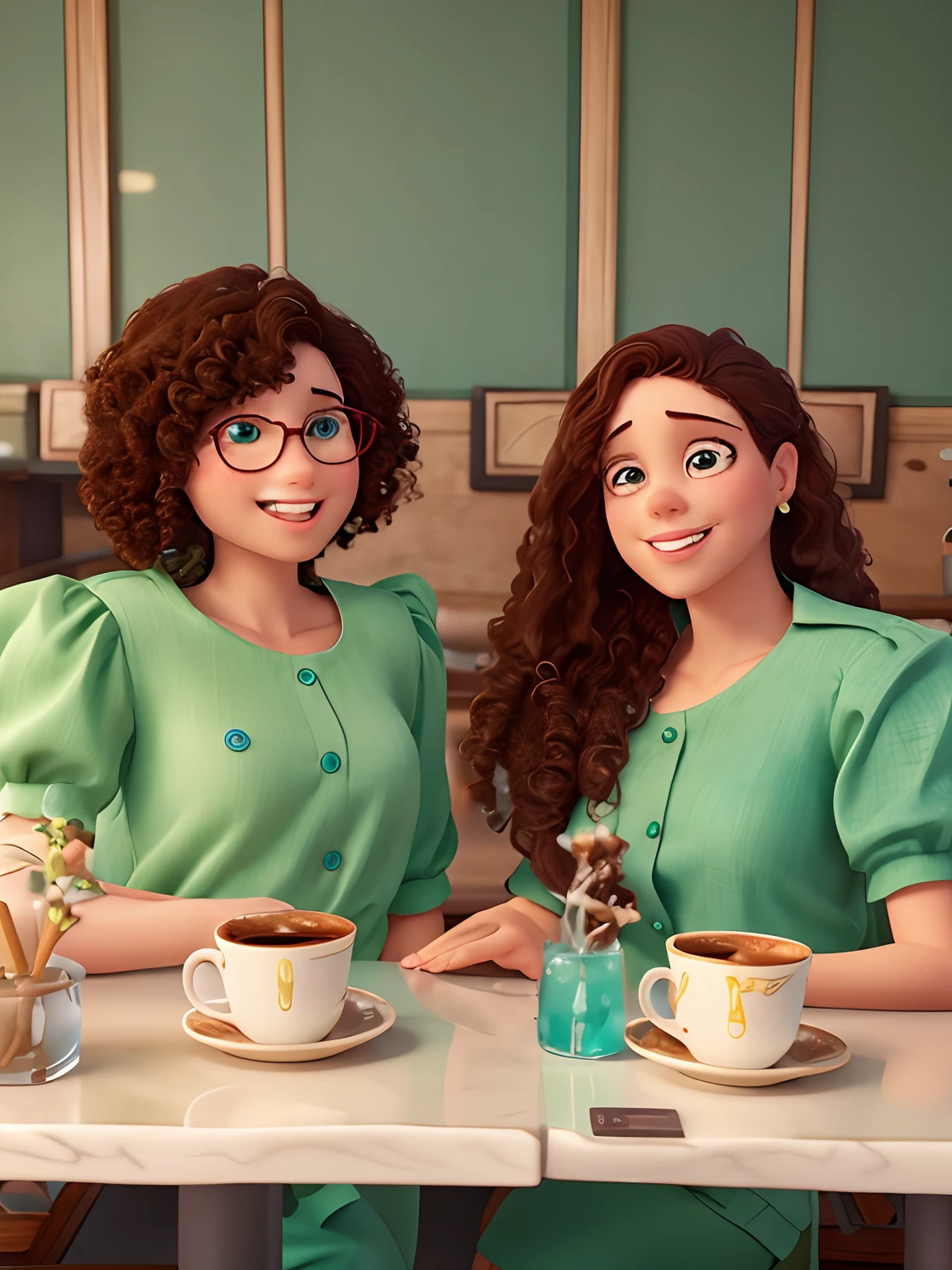 Capa de filme estilo Disney, Two curly-haired girls working in café drinking coffee, water green blouse