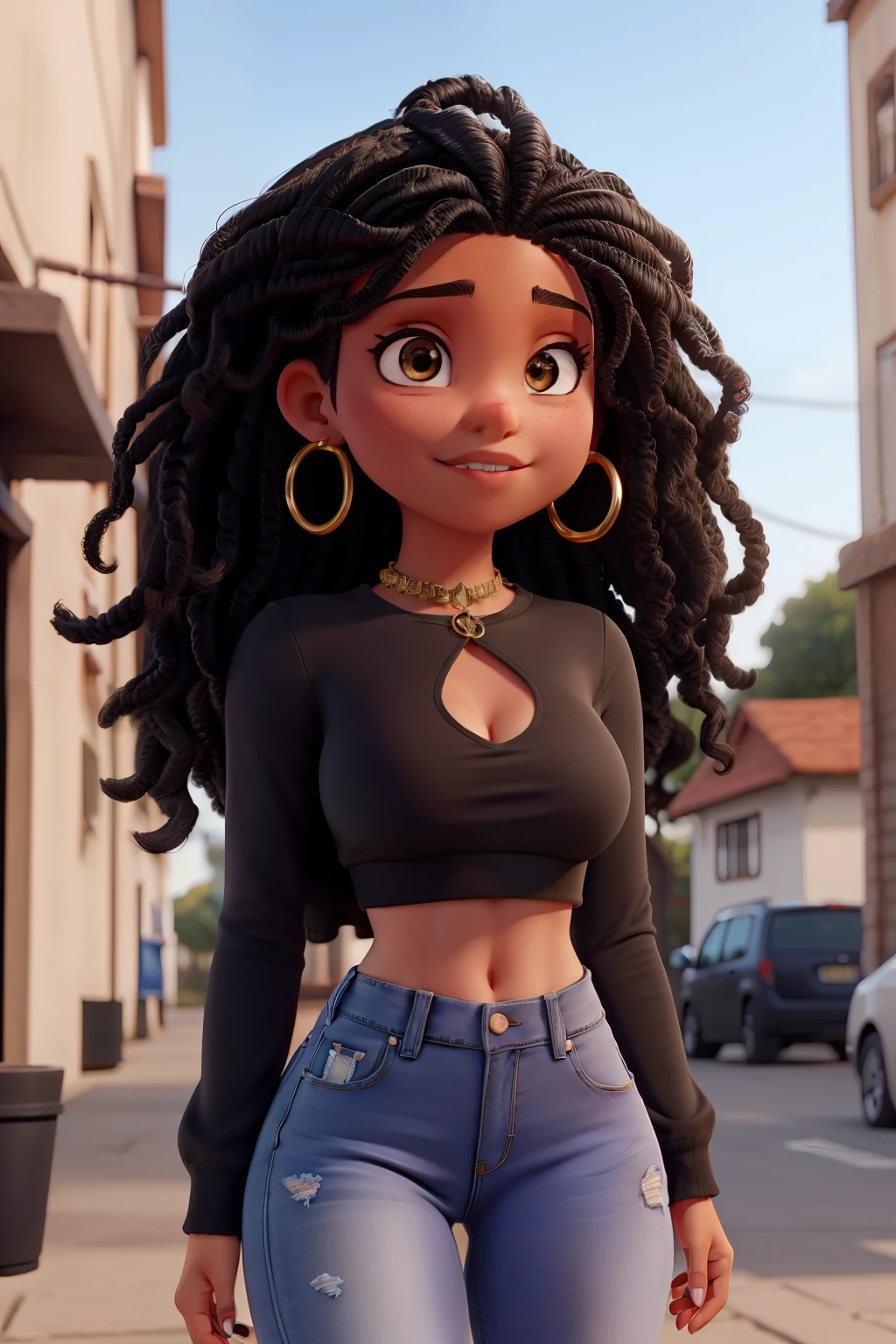 Black woman standing in front of a black beauty salon Disney pixel style