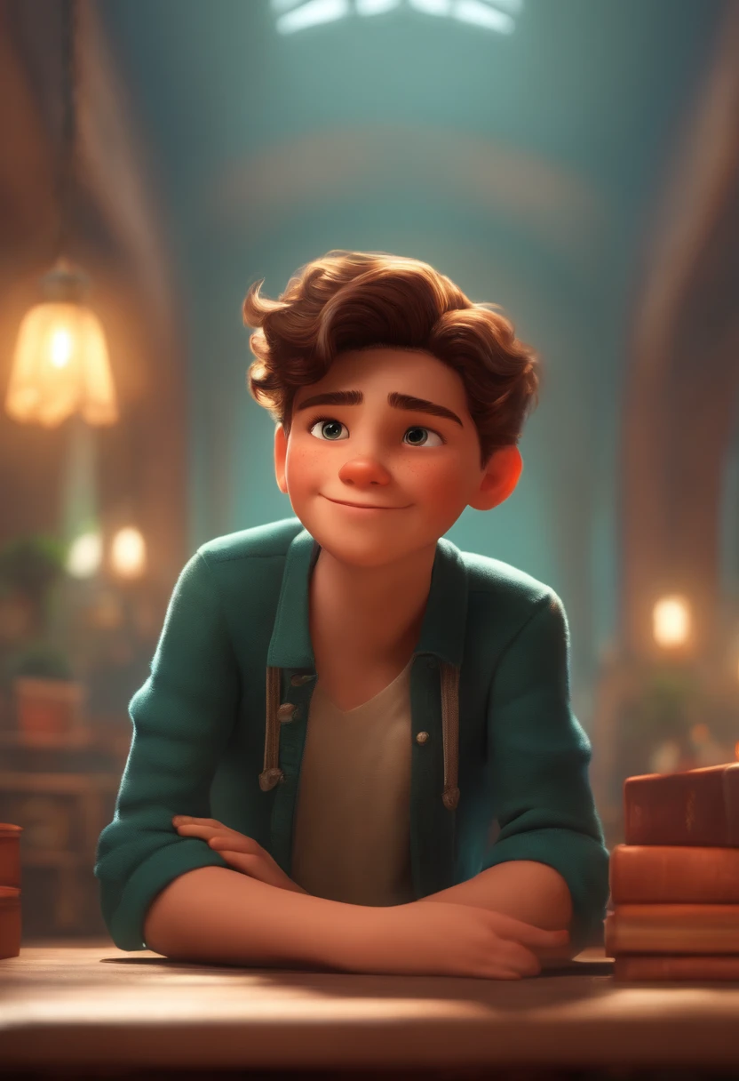 Image of a boy for a story in a YouTube video in Pixar format, He's the little allabester, He's the class leader, He's outgoing, Playful and gets up for a lot of things, cabelo curto